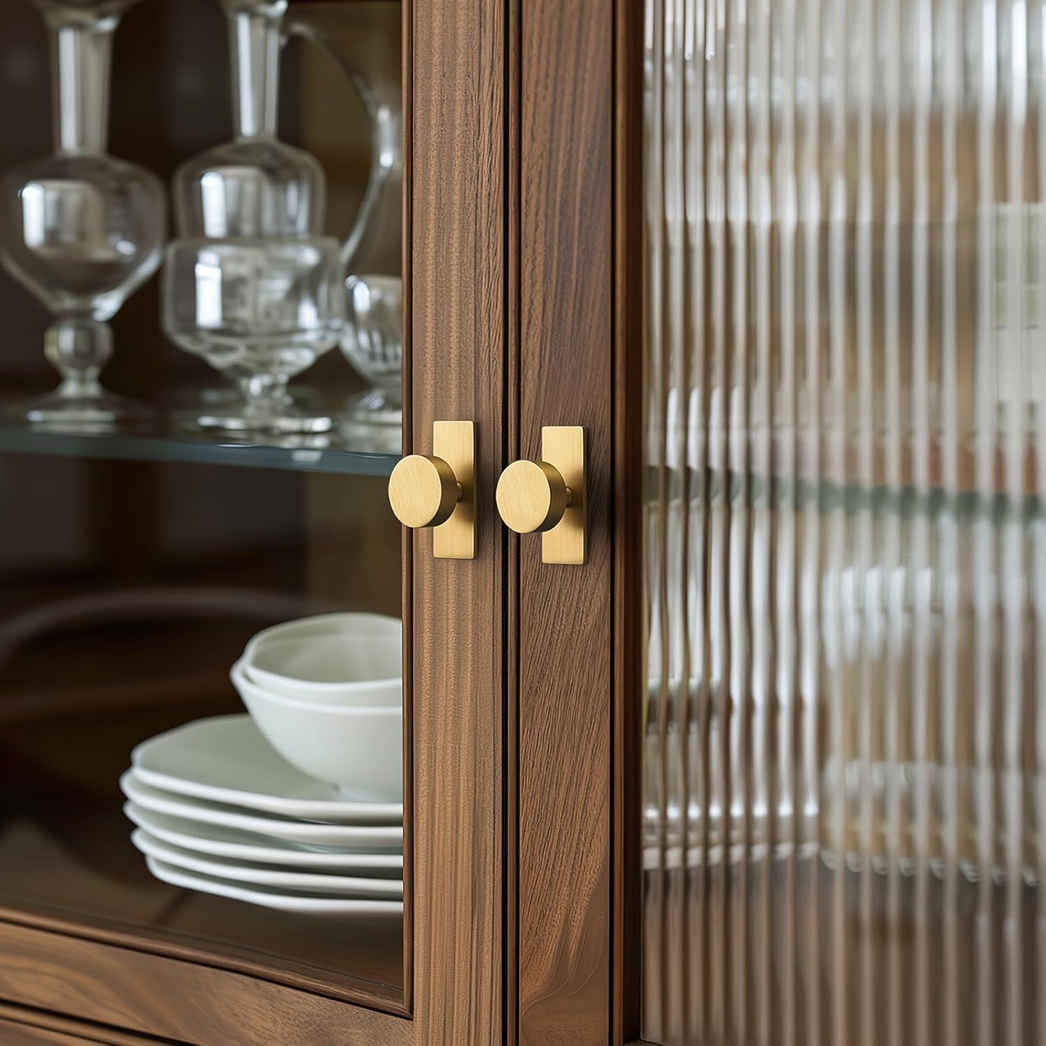 Brass Cabinet Knobs with Backplate – 5 Pack Brushed Gold Drawer Pulls, Modern Solid Brass Hardware – Decorative Knob Handles for Kitchen, Dresser, Cupboard, Furniture Upgrade