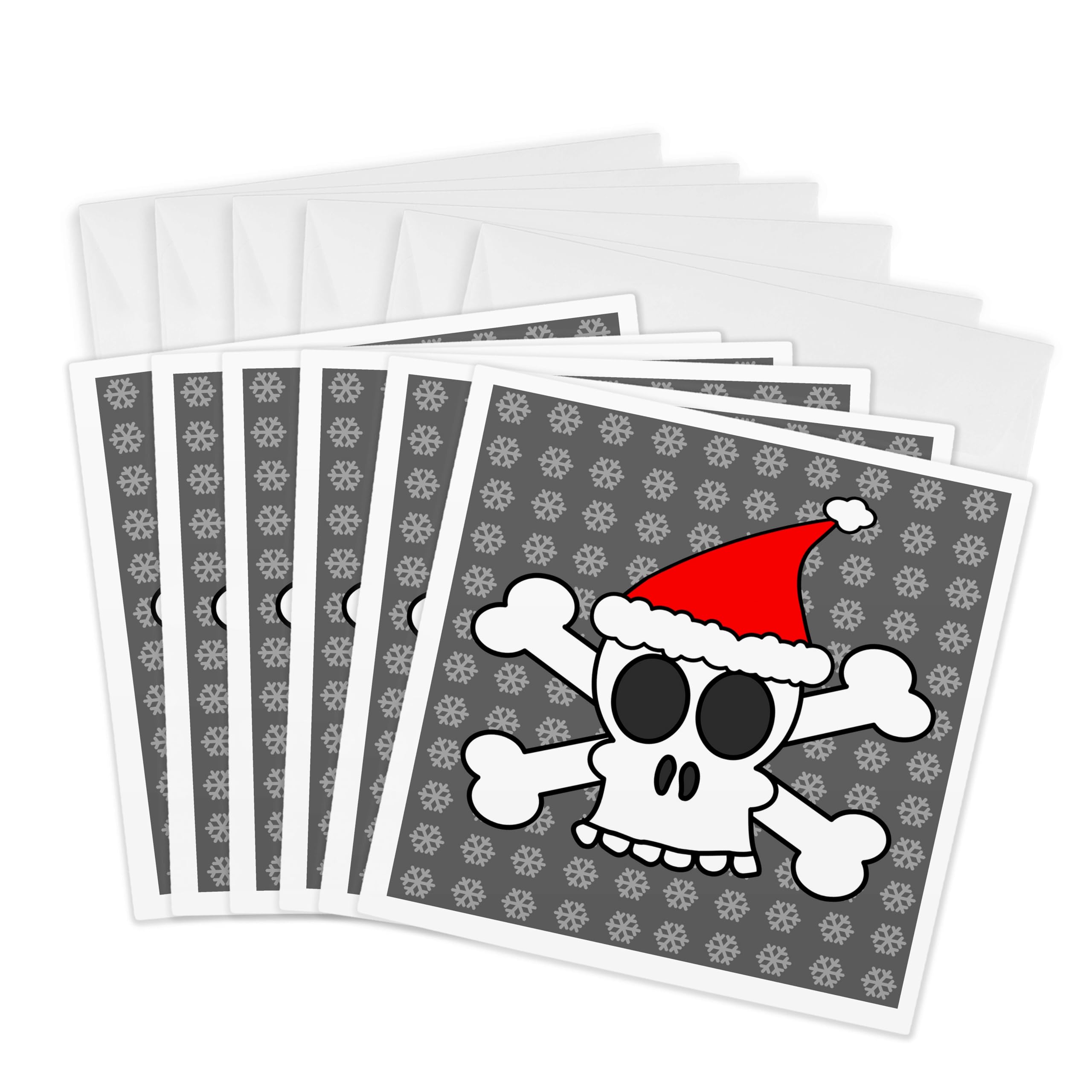 3dRose gc_6362_1 6 x 6-Inch "Skull and Crossbones Red Santa Hat Gray Snowflakes" Greeting Card (Pack of 6)