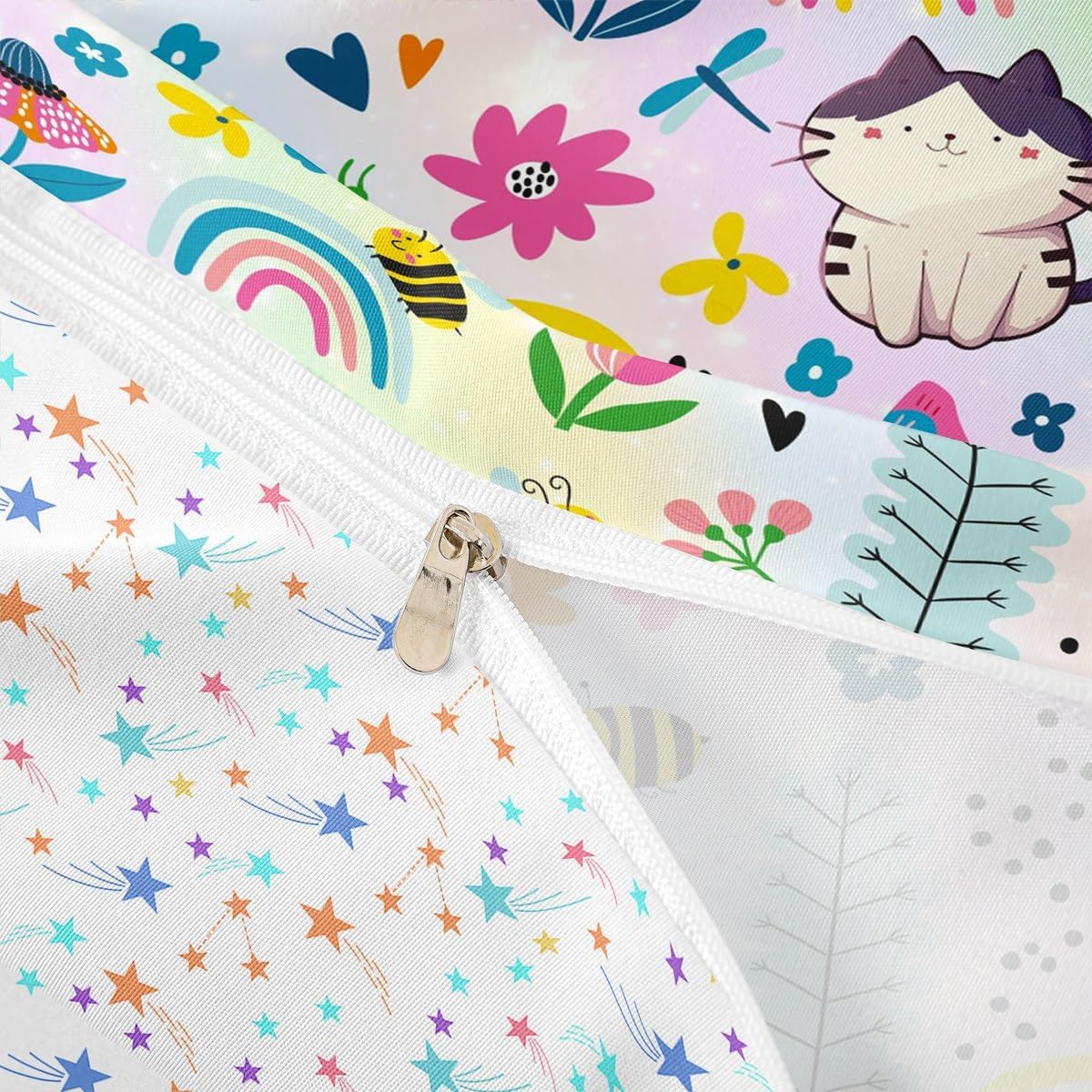 jejeloiu Rainbow Duvet Cover Toddler Size Kids Cartoon Cat Comforter Cover for Boys Girls Teens Floral Bee Butterfly Bedding Set Breathable Cute Animal Bedroom Decor Bedclothes
