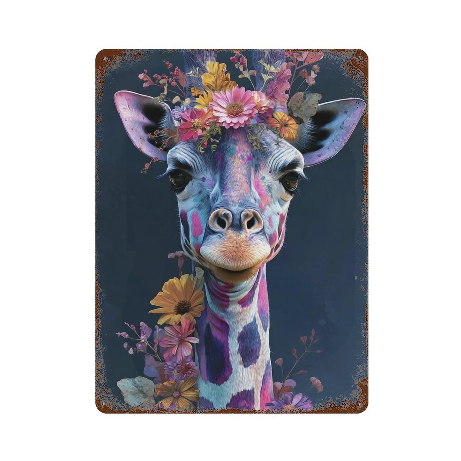 Garage Style Colorful Giraffe with Flowers Decorative Tin Sign 15.7"x11.8", Shabby Chic Decor for Bar And Workshop