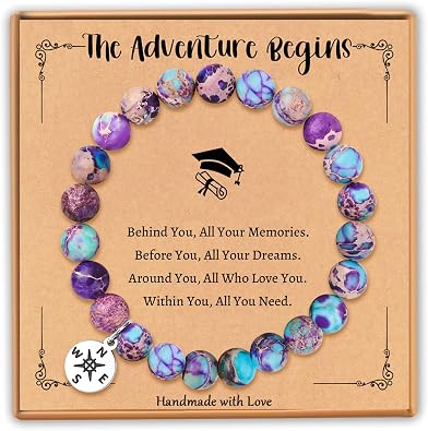Graduation Gifts for Her 2026 Class of Imperial Jasper and Compass Charm Bracelet, Perfect High School and College Graduation Jewelry