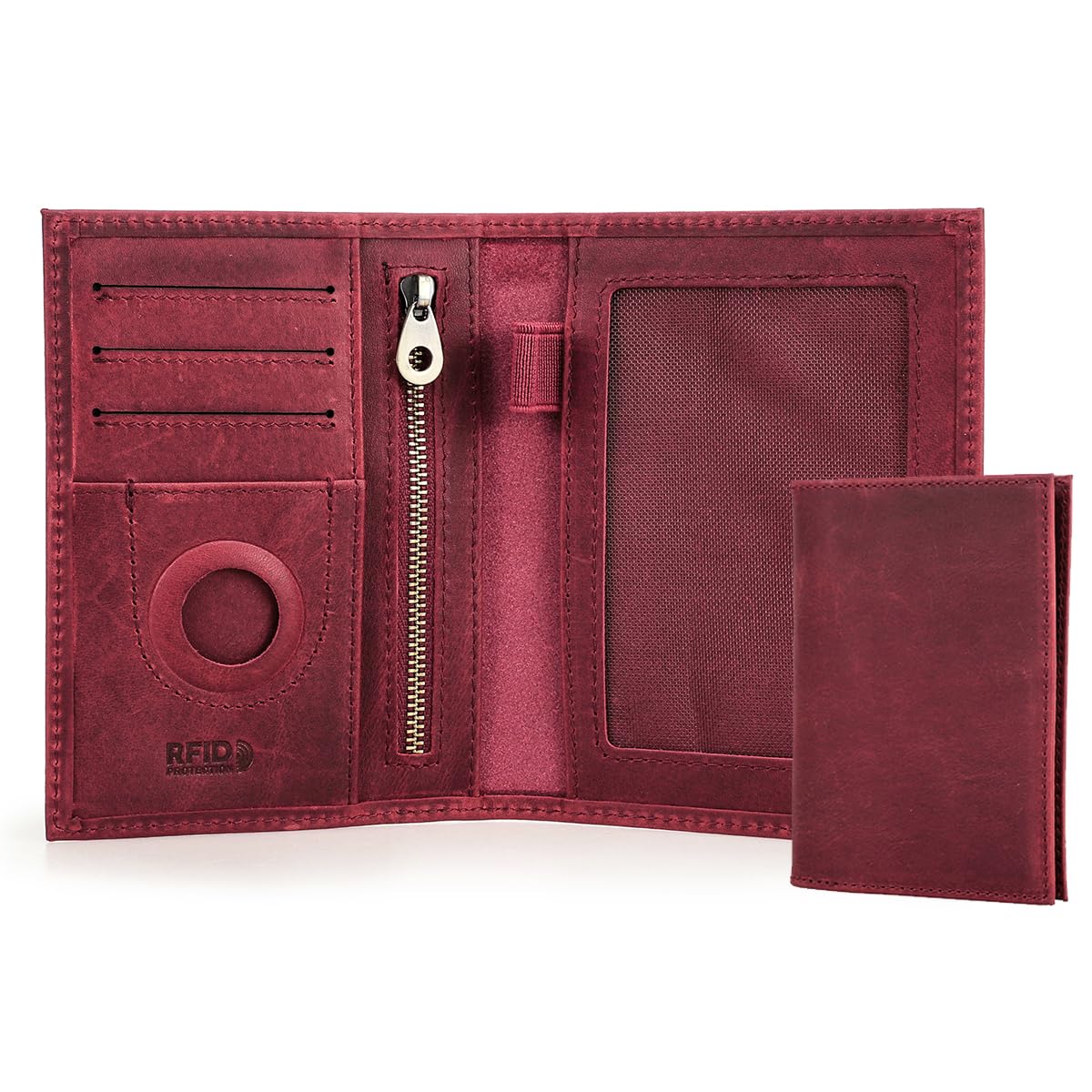 Contacts Funda delgada de piel auténtica para pasaporte Airtag, bloqueo RFID, cartera para pasaporte de viaje, Rojo vino, Vacía