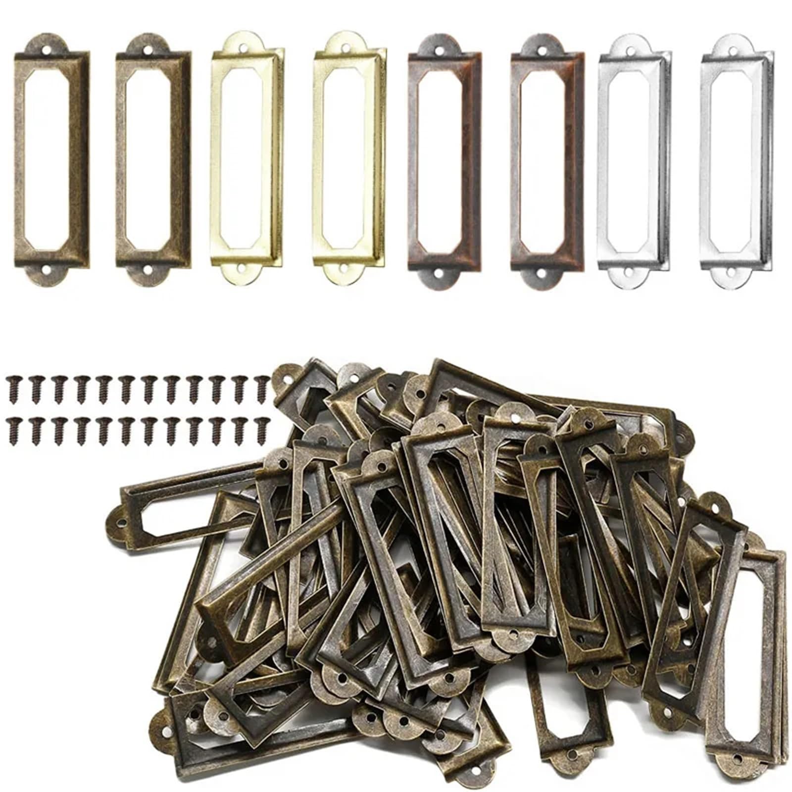 Lot de 50 étiquettes en métal antique pour dossiers de fichiers – Bronze, or, argent pour bureau, bibliothèque, tiroir, étagères (doré, 24 x 60 mm)