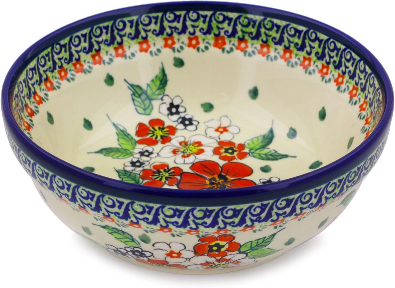 Polmedia Polish Pottery Bowl 7-inch UNIKAT - Flower Heaven Pattern Handmade in Boleslawiec Poland + Certificate of Authenticity