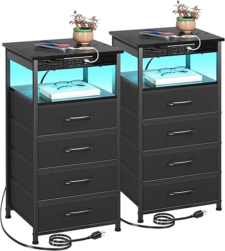 Juego de 2 mesitas de noche LED con estación de carga, mesas auxiliares con puerto USB C y tomas, mesita de noche con 3 cajones de tela de