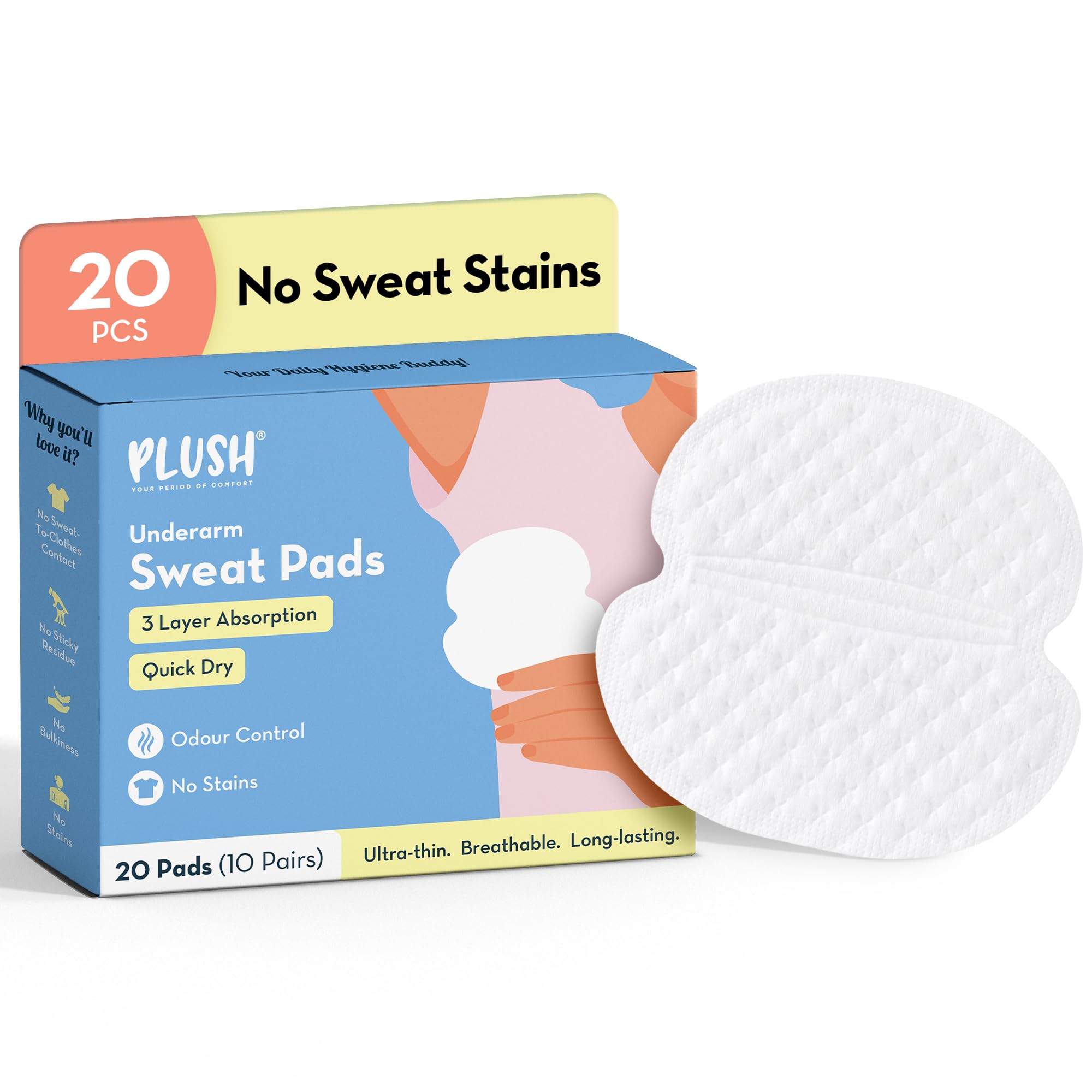 Plush Disposable Underarm Sweat Pads for Men & Women | Pack of 20 | 3-Layer Absorption | Prevents Sweat Stains | Comes in a Ziplock Bag | Odour Control | Ultra-Thin, Breathable & Discreet | Skin-Friendly | Non Slip | Unique Folded Design