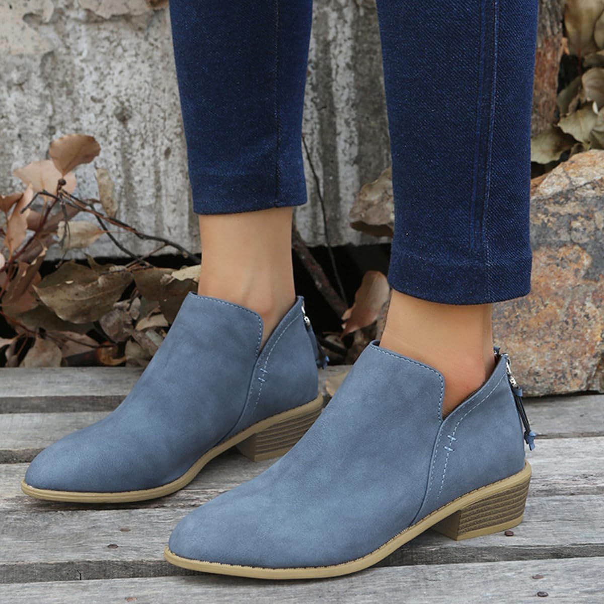 Women's Ankle Boots Side V Cut Design Rear Zipper Low Heel Chunky Heel Leather Stylish Casual Short Western Booties