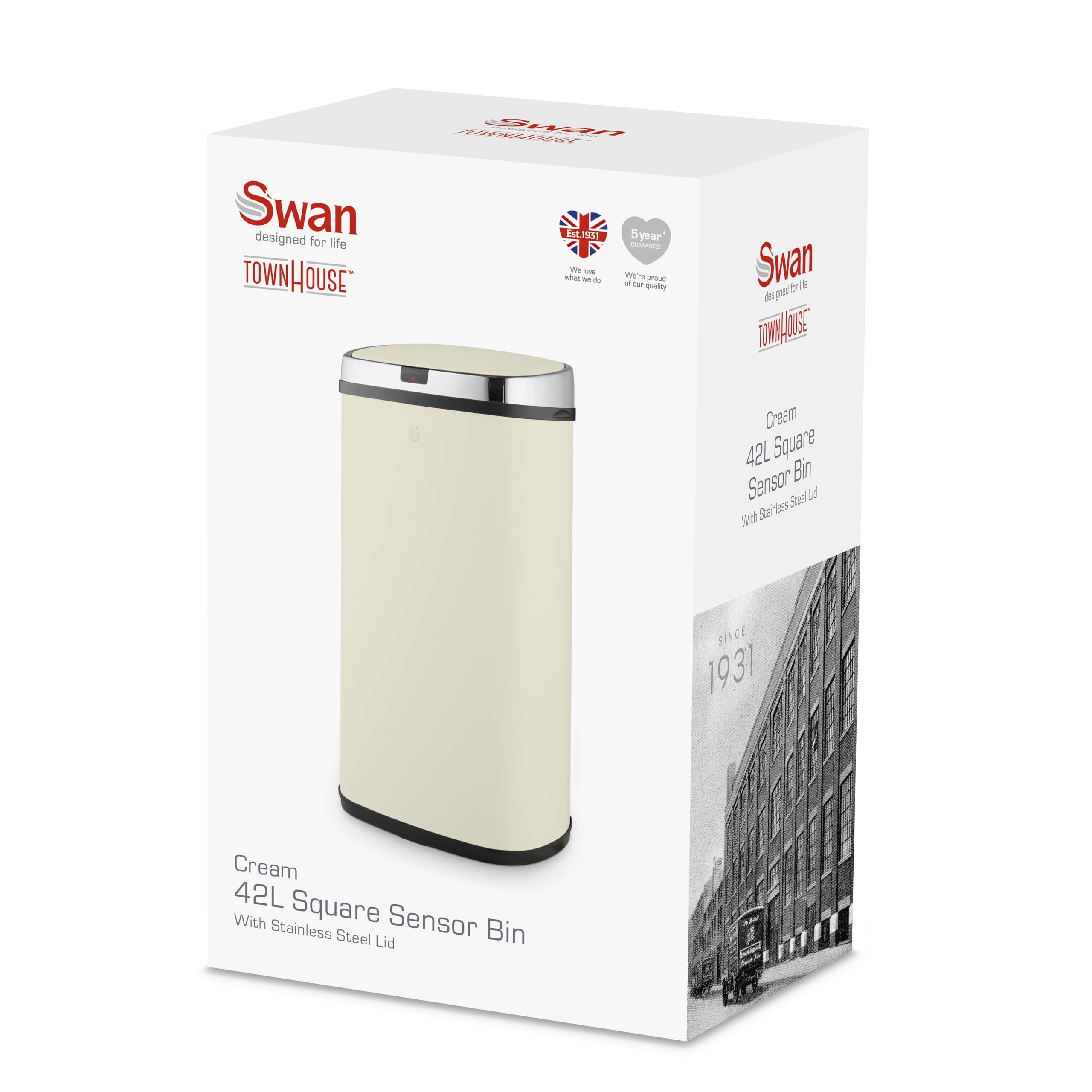 Swan SWKA4517CN Townhouse Quadratischer Sensor-Mülleimer mit freihändiger Öffnung mit Bewegungssensor-Technologie, Müllbeutelhaltering, Stahlkörper, großes Fassungsvermögen von 42 l, cremefarben