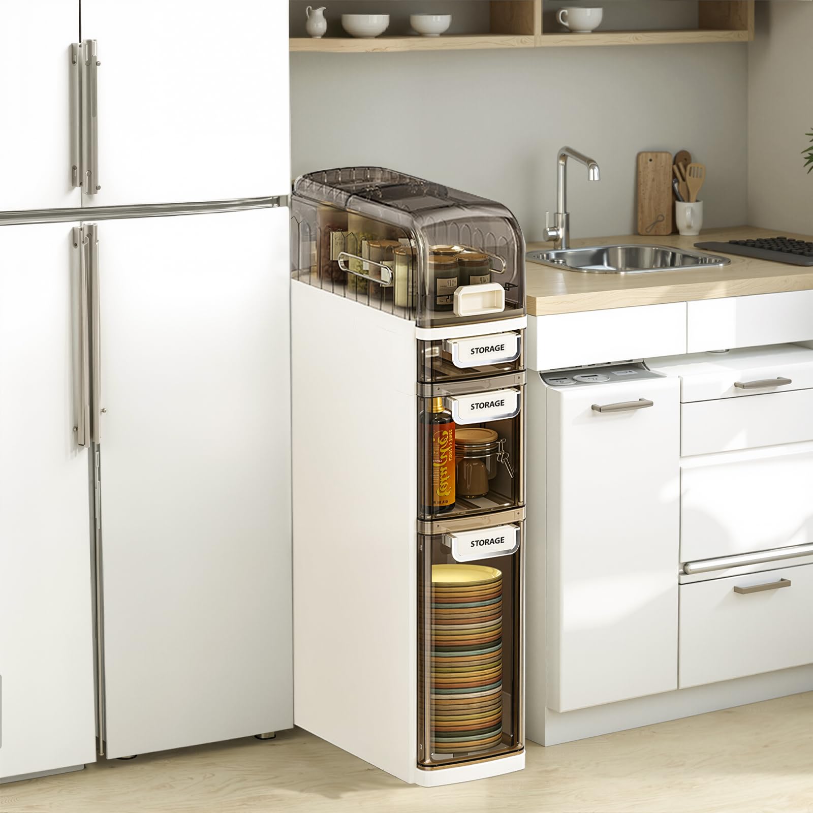 Badezimmerschrank Schmal Kunststoff Badschrank mit Rädern 4 Tier Slim Beistellschrank mit Toilettenpapierhalter Wasserdicht Badezimmer-Aufbewahrungseinheit
