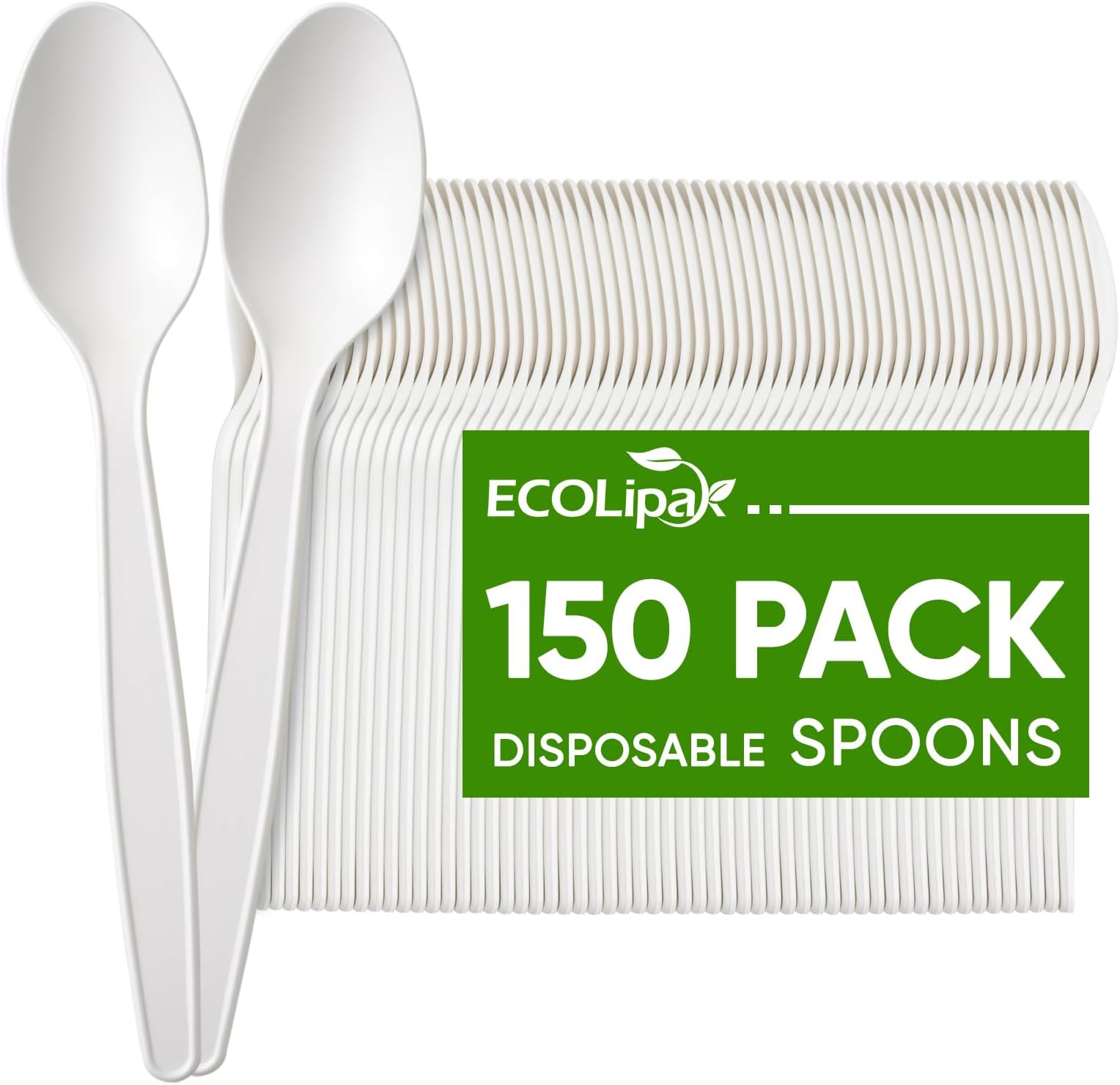 ECOLipak 150 Pcs 100% Compostable Large Size Biodegradable Disposable Spoons, Heavy-Duty Plant-Based CPLA Spoons for Party, BBQ, Picnic