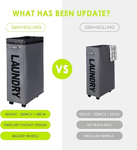 Miniatura 3 de Cesta de lavandería delgada de 26 pulgadas, cesta de lavandería con ruedas (4 colores), contenedores de almacenamiento plegables en las esquinas,