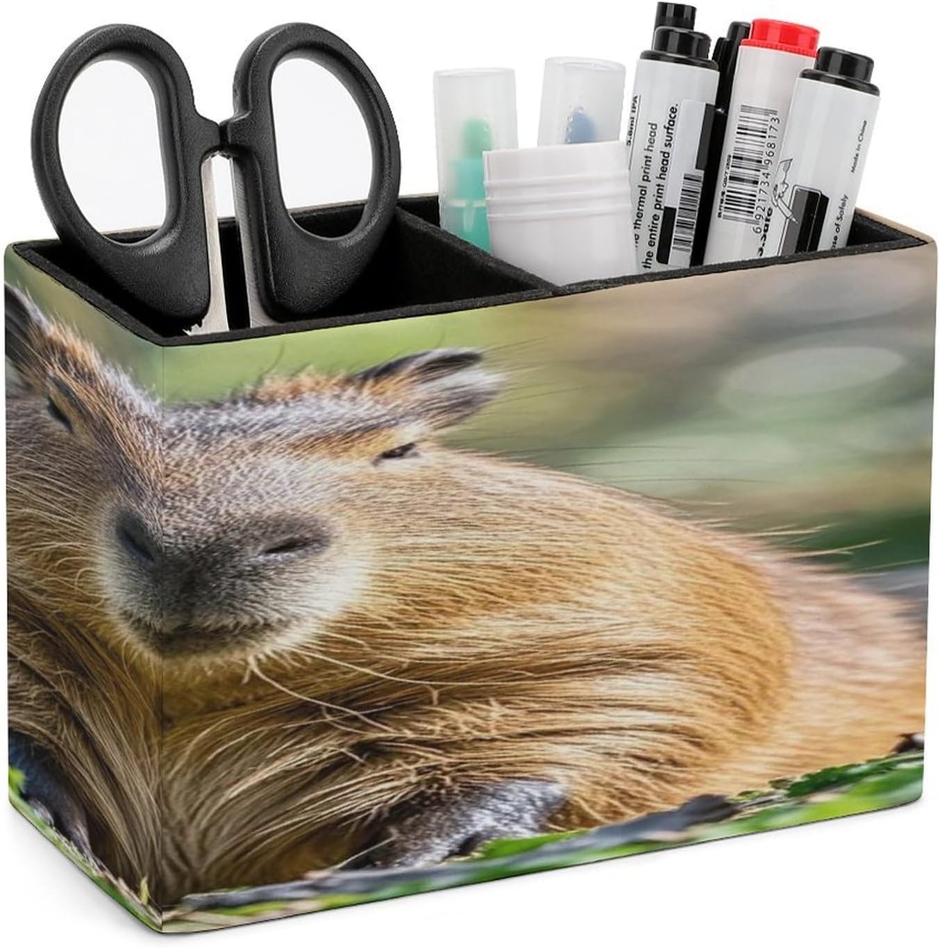 Capybara with Eyes Closed Leather Pen Holder with 2 Compartments Luxury Pencil Holder Minimalist Pencil Cup Brush Scissor Holders Elegant Pen Cup for Office Home Desk Accessories
