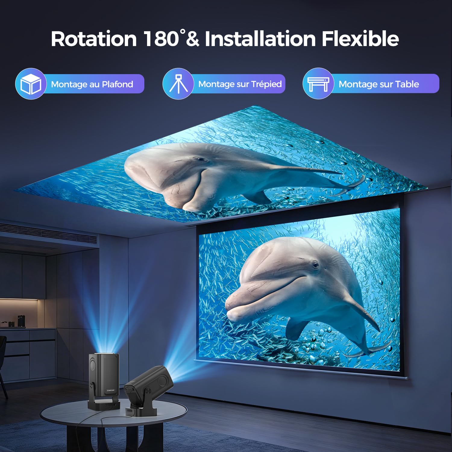 Alwtniet Videoprojecteur 4K, 1080P Mini Projecteur Video Android WiFi 6 BT 5.4, Mise au Point Automatique Correction Trapézoïdale Rotation 180° Retroprojecteur Compatibile avec HDMI/TV Stick, HY310