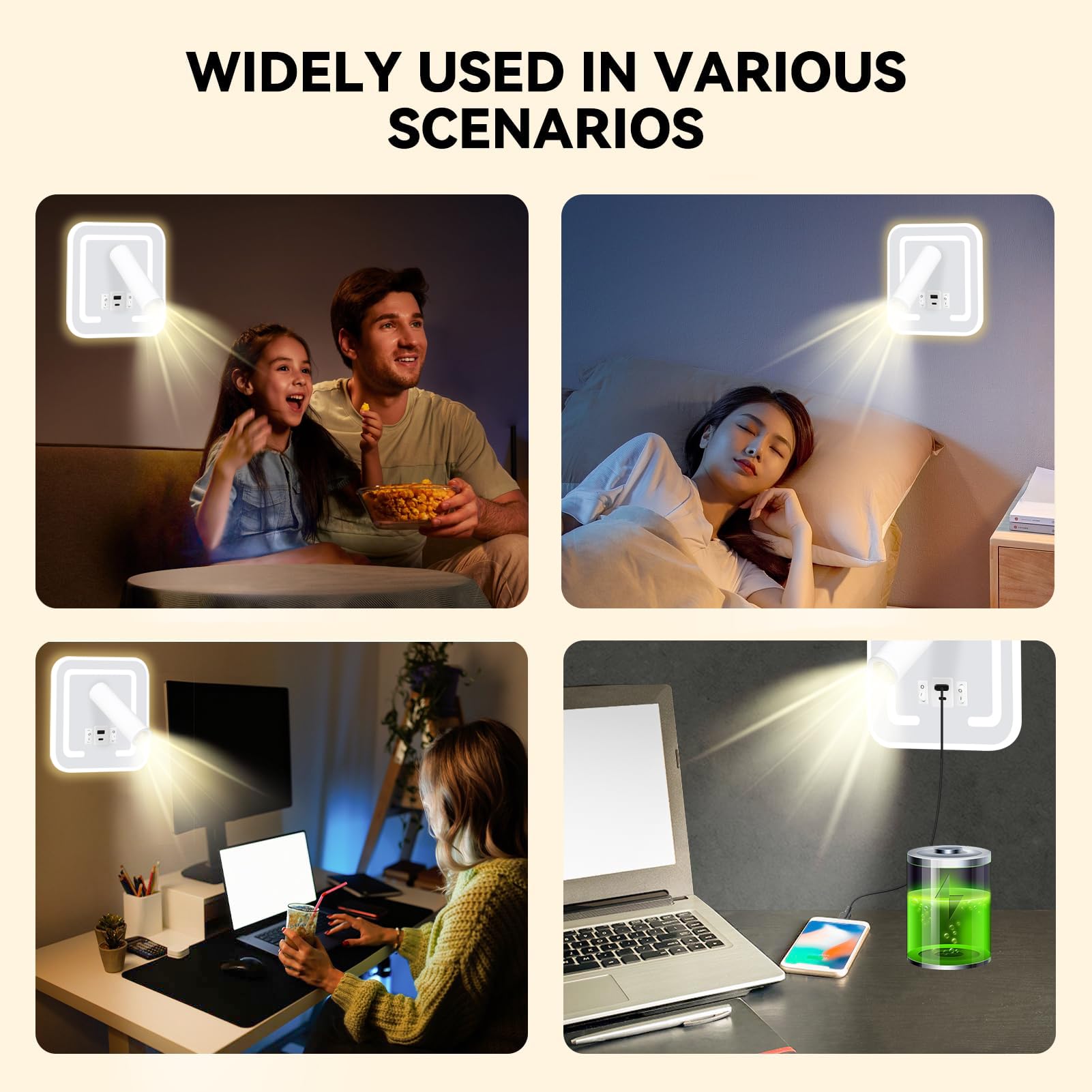 HUIZHOU Lampada da Lettura da Parete LED 3W+9W con Porta USB, Luce Calda 3000K, Faretto Rotante Orientabile, Applique da Comodino per Camera da Letto, Corridoio, Scale e Ufficio (Quadrato bianco)
