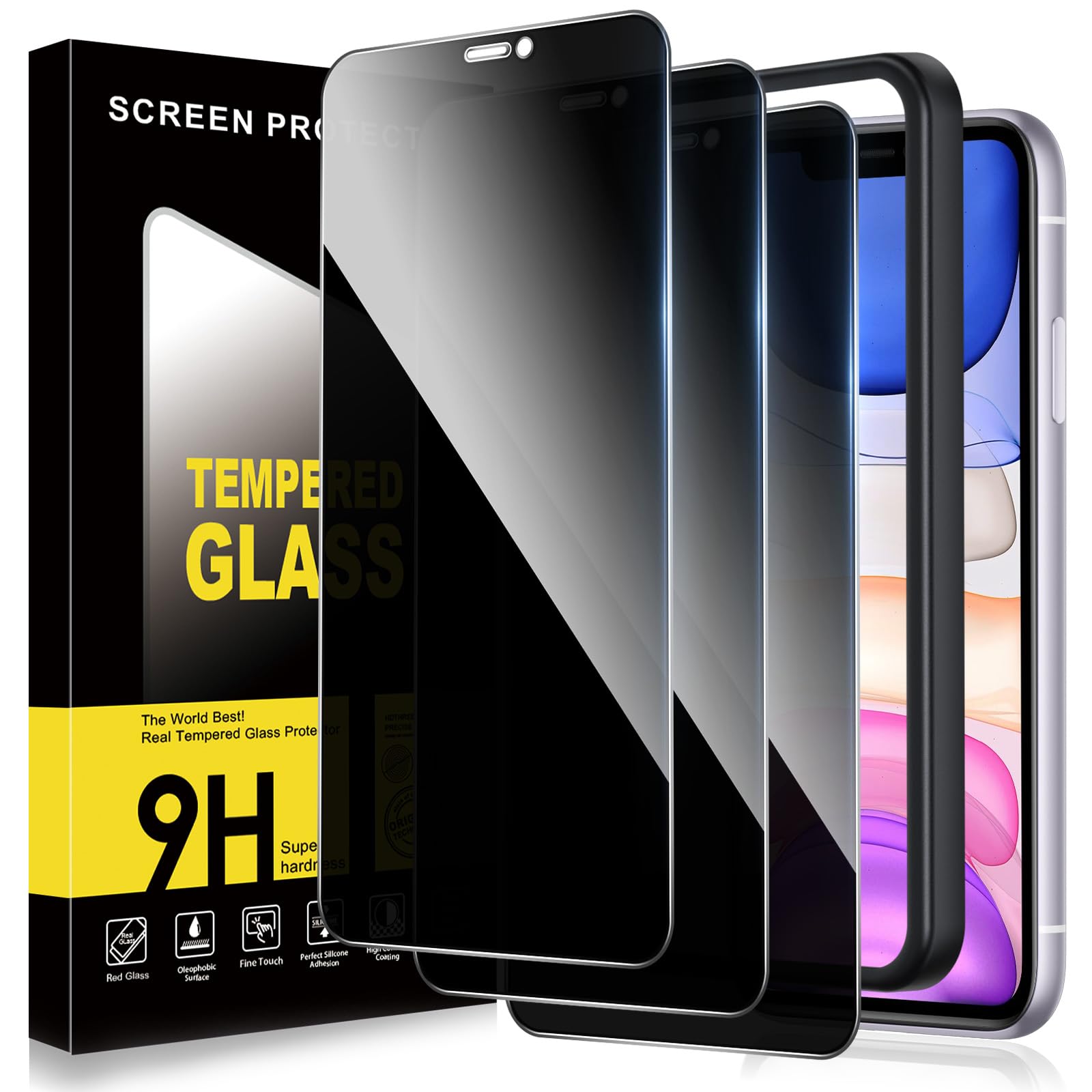 ZhuoFan 3 Piezas Protector Pantalla Privacidad para iPhone 11/XR,Antiespia Cristal Templado para iPhone 11/XR con Marco de Instalación Fácil,Privacy Screen Protector Vidrio Pelicula