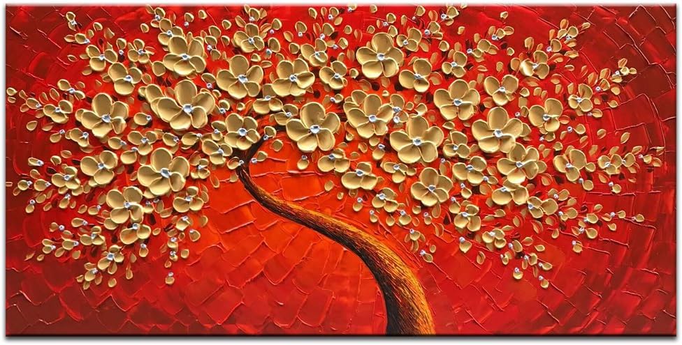 Okbonn-100% Hand Painted 3D Oil Painting On Canvas Gold and Red Flowers Wall Art Abstract Art Floral Artwork Modern Pictures Home Decor Ready to Hang for Living Room Bedroom Office Decor