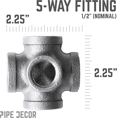 Miniatura 3 de PIPE DECOR - Accesorios de hierro maleable negro de 12 pulgada y 5 vías, se ajustan a tuberías, pezones y accesorios estándar de 12 pulgada,