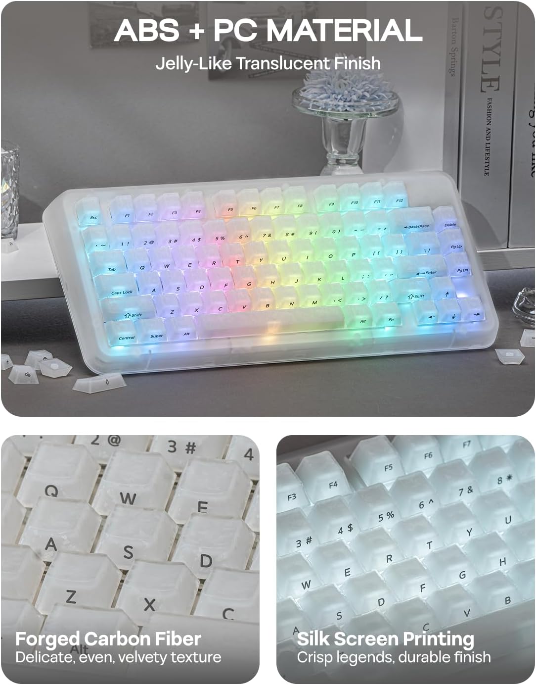 EPOMAKER Frost Jelly Keycaps Set - 126 Keys Forged Carbon Fiber Keycaps, Cherry Profile, ABS+PC, MX-Style Compatible for 61/68/84/87/98/100/104/108 ANSI Layout Mechanical Gaming Keyboards (White)