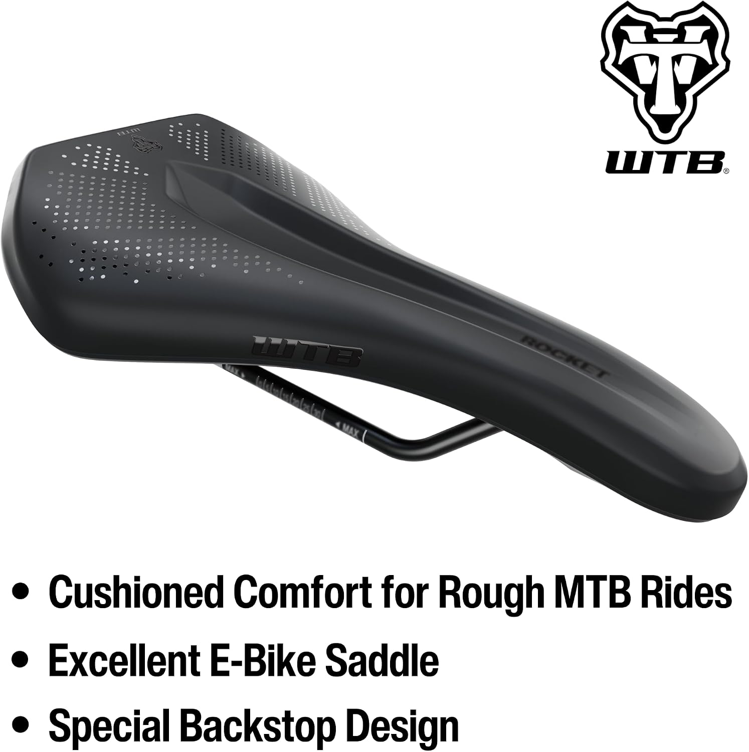 WTB Rocket Mountain Bike Seat (Saddle) - Fusion Form Base - Thick Padding - Handle for Lifting E-Bikes (4 Rail Options)