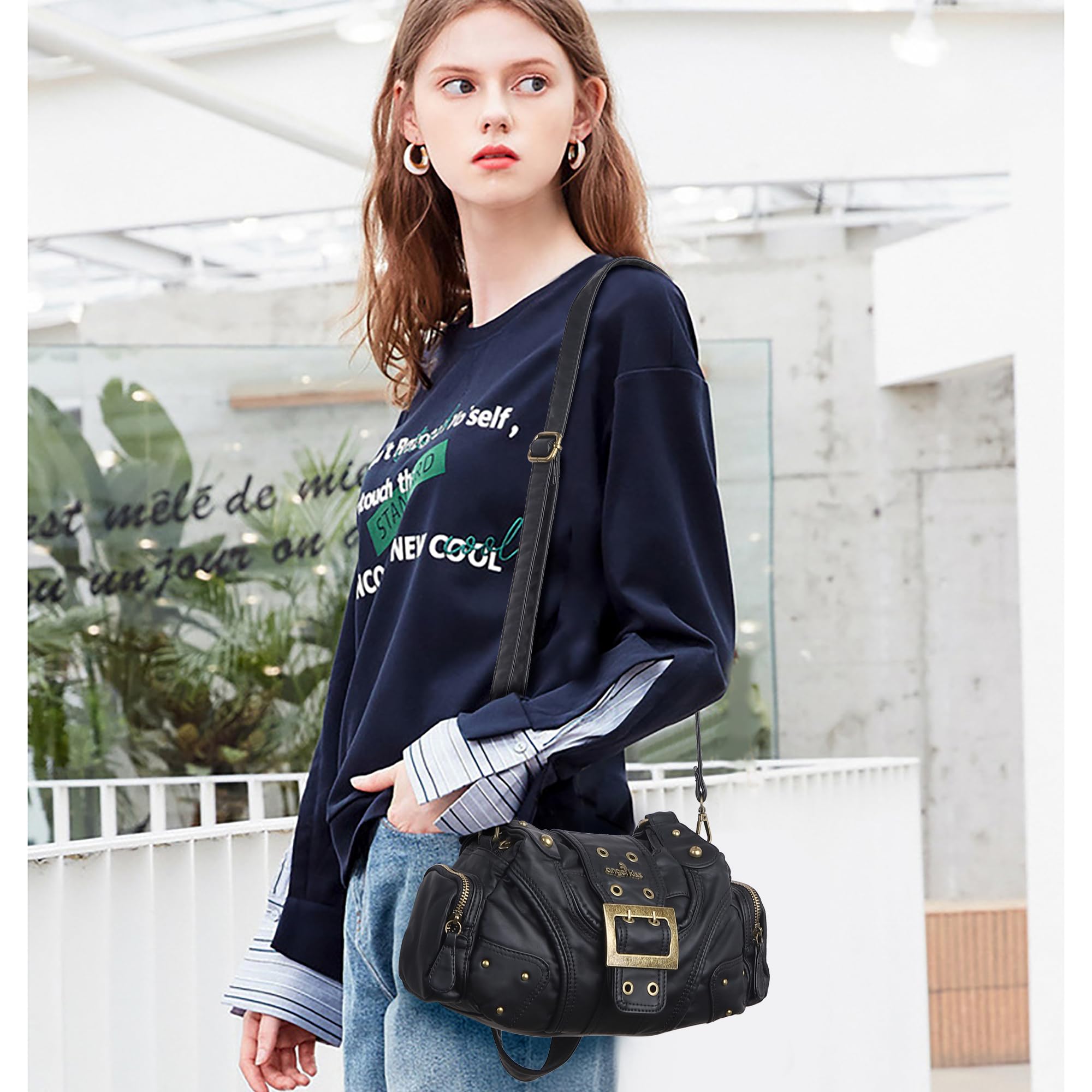 Angel Kiss Hobo - Monederos para mujer, pequeño bolso de hombro de cuero vegano, bolso cruzado vintage con múltiples bolsillos