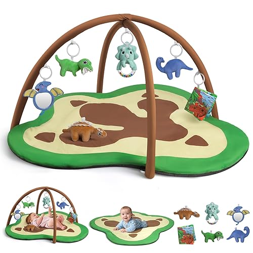 Tapete de juego para el gimnasio para bebés, tapete de gran tamaño con forma de garras de dinosaurio con 6 juguetes de actividad desmontables para