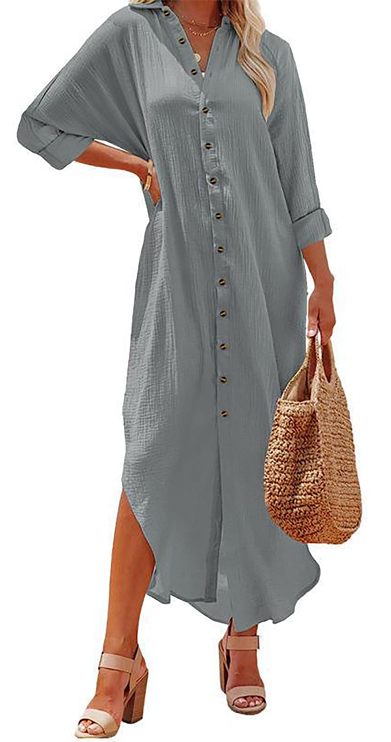 Women Button Down Front Long Sleeve Maxi Dress Casual Side Split Button Down Long Cardigan Cover Ups Shirt Dresses