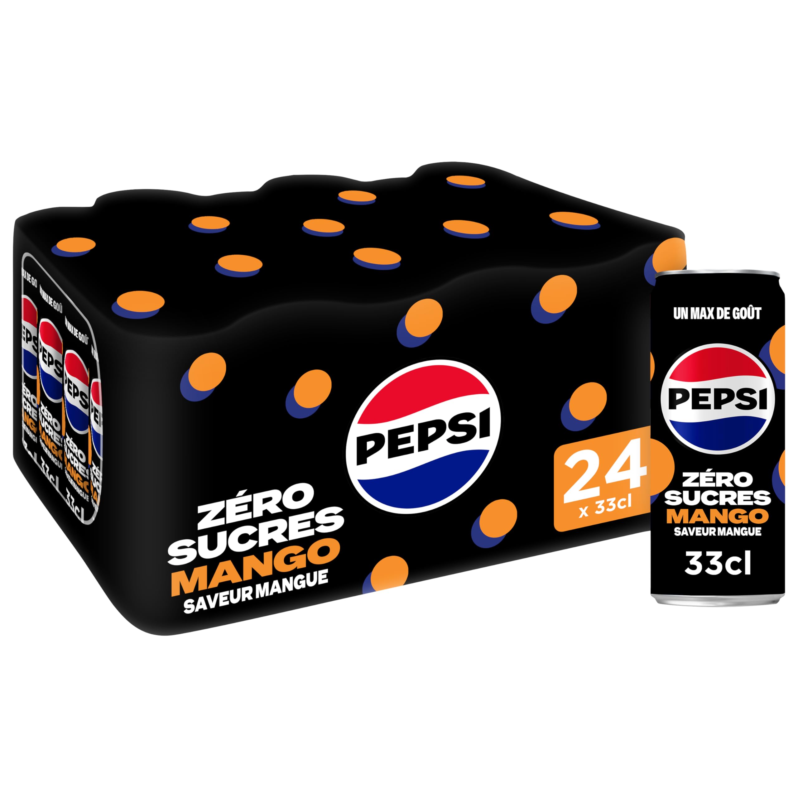 Pepsi Soda au Cola Sans Sucres Saveur Mangue 33cl - Lot de 24 canettes