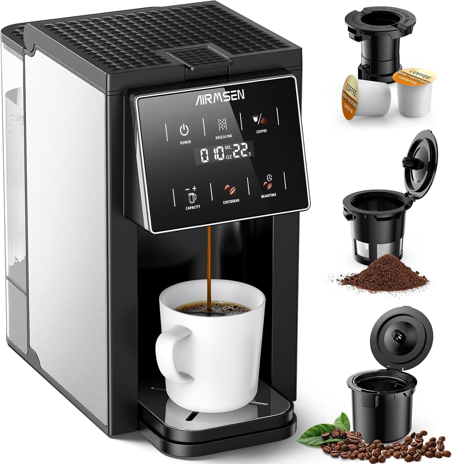 Photo 1 of AIRMSEN Grind & Brew Coffee Maker with Built-in Grinder (2026 Model) - Single-Serve, Compatible with K-Cup Pods & Ground, 1000W Fast 6-14oz Brewer, Descaling Alert, Touchscreen & 50oz Removable Tank