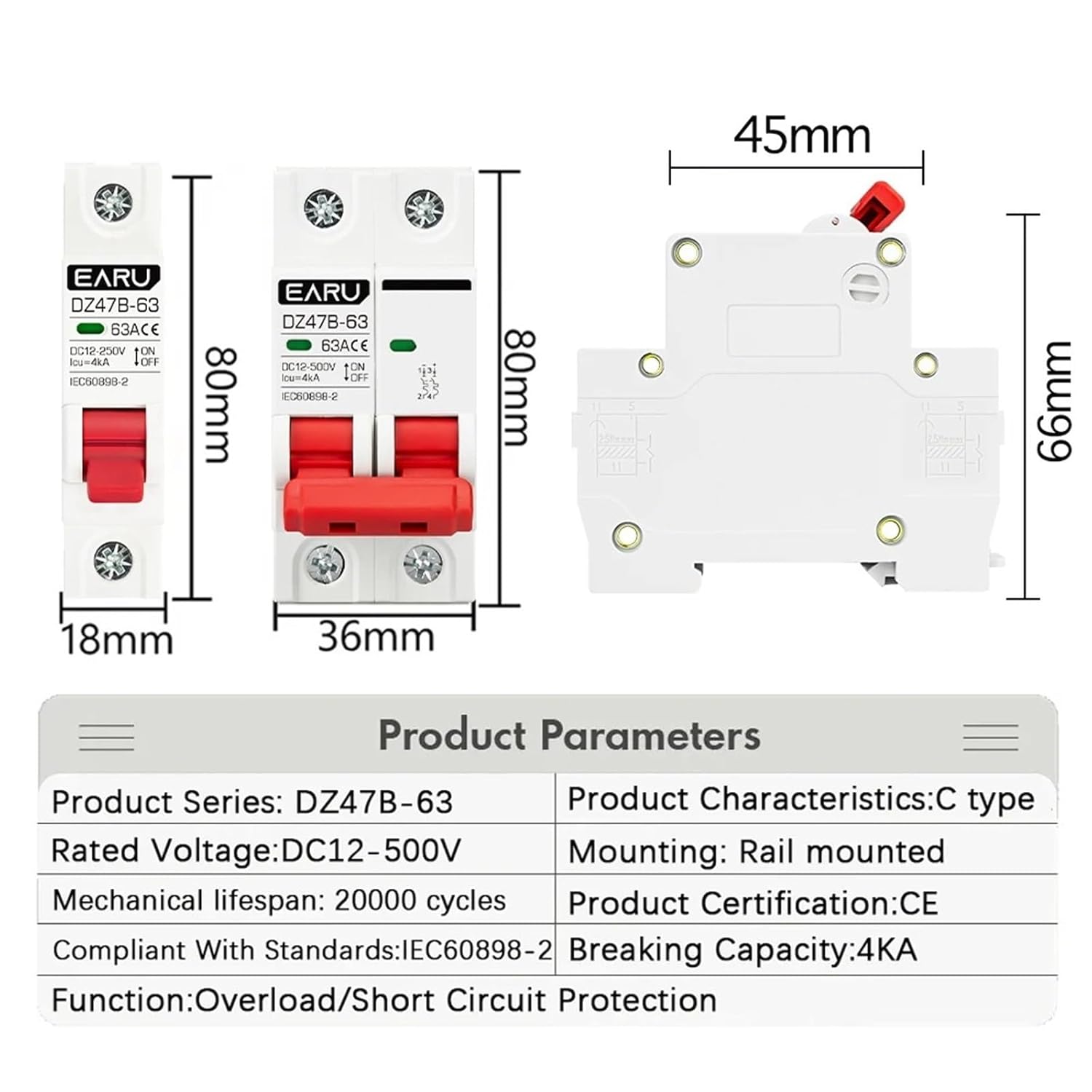 DC12V 24V 48V 36V MCB Battery Car Protector Circuit Breaker DZ47 DC Positive and Negative Pole Protection Switch Isolator(1P,25A)