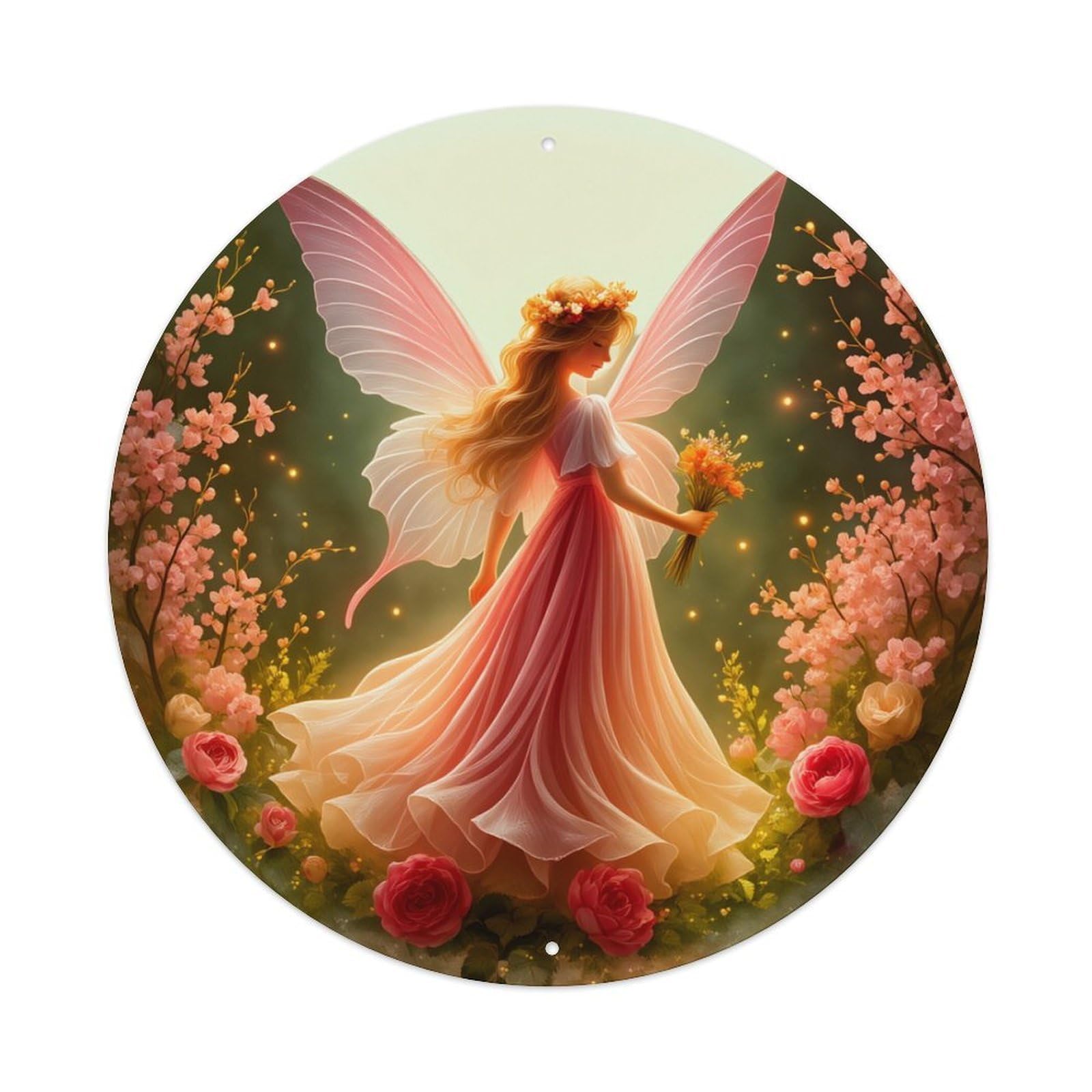 Fairy Wings Flowers Spring Garden Round Tin Sign Retro Metal Sign for Cafe Bar Pub Home Game Room Gym Club Wall Decoration Vintage Metal Poster 8x8 Inch