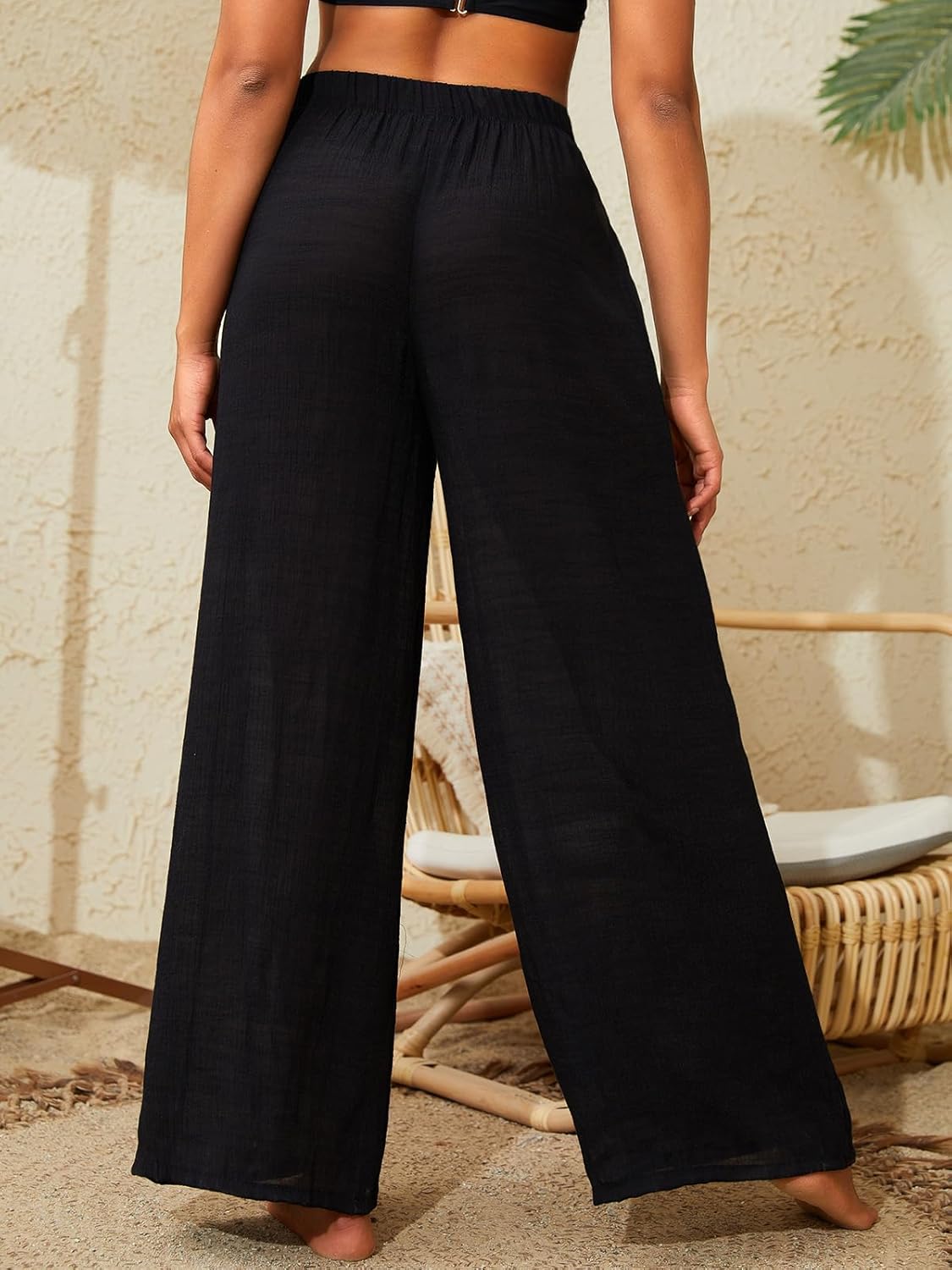Women's Beach Cover Up Pants Mesh Wide Leg Loose Tie Front Elastic High Waist Bathing Suit Beach Pants - Image 2