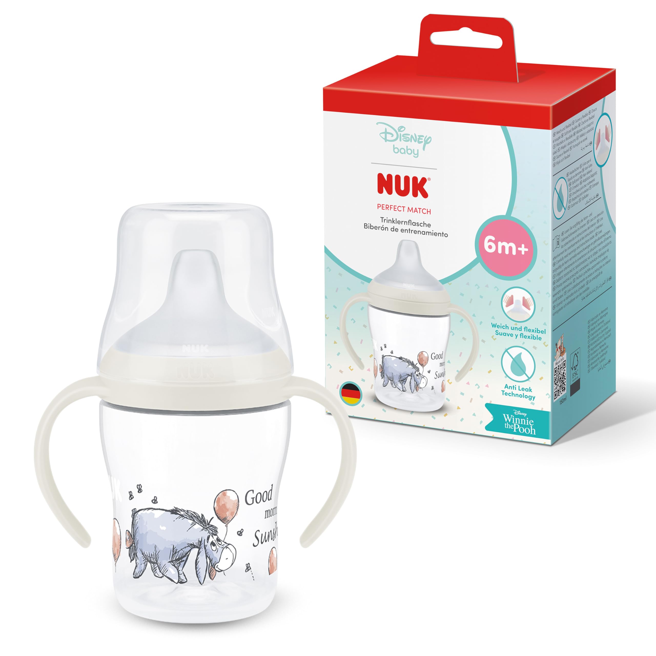 NUK Perfect Match Learner Bottle | 6+ Months | 150ml | Leak Proof Sippy Cup Toddler Bottle | Anti-Slip Handles | Eeyore | 1 Count