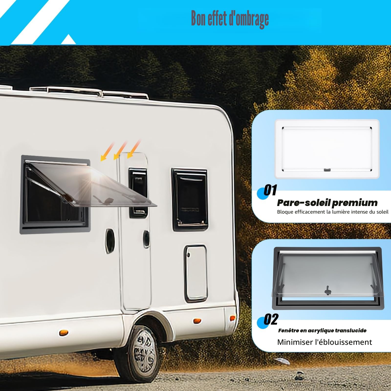 Fenêtre de caravane,500 x 900 mm fenêtre de camping-car avec store intégré et moustiquaire, fenêtre extérieure à pousser à 70° pour caravane, camping, remorque, camping-car