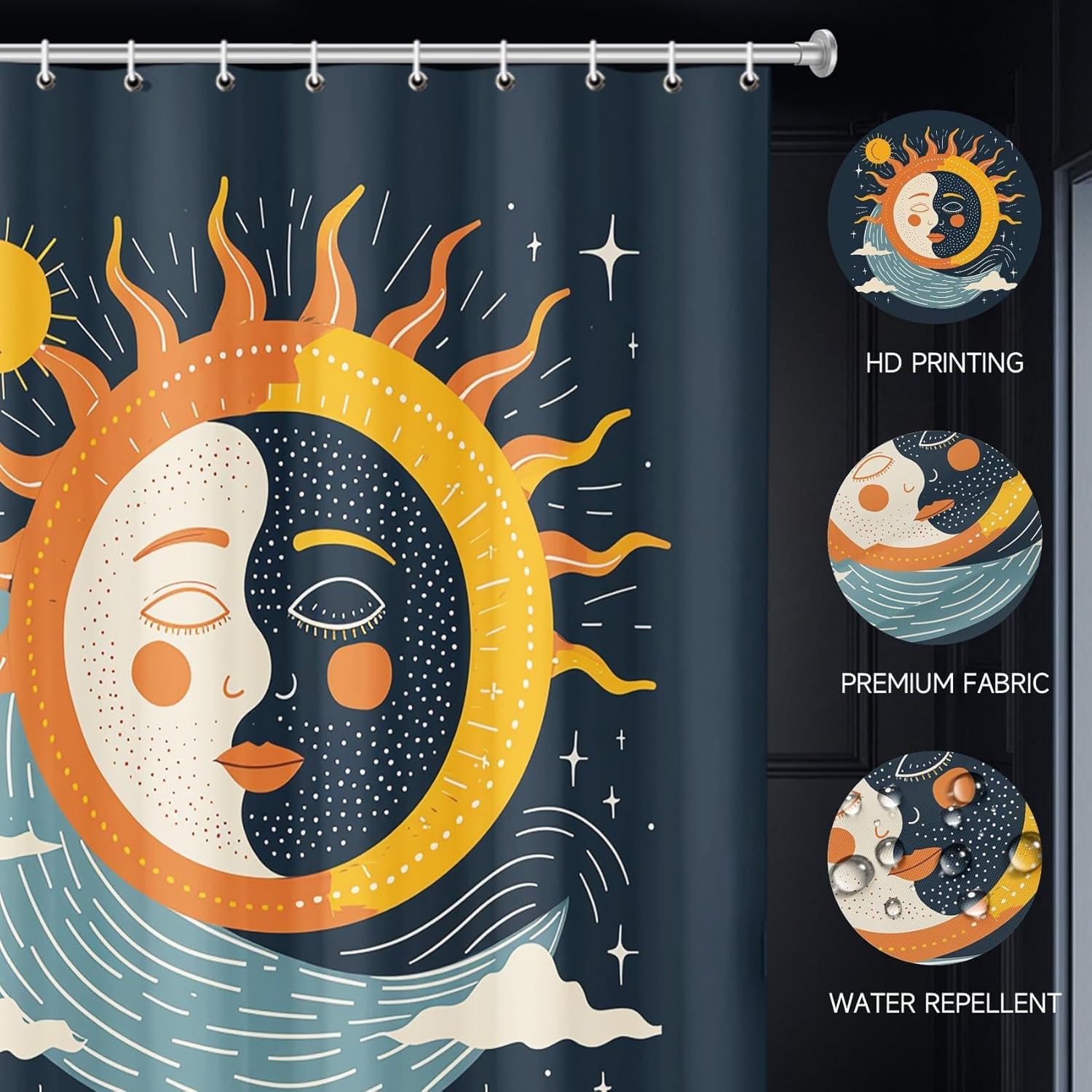 Sun and Moon Shower Curtain 65x84in（165x214cm） Blue Cartoon Kids Shower Curtain, Boho Celestial Sun Moon and Stars Bathroom Decor Curtains, Quick-Drying Waterproof Fabric with Grommet Hooks
