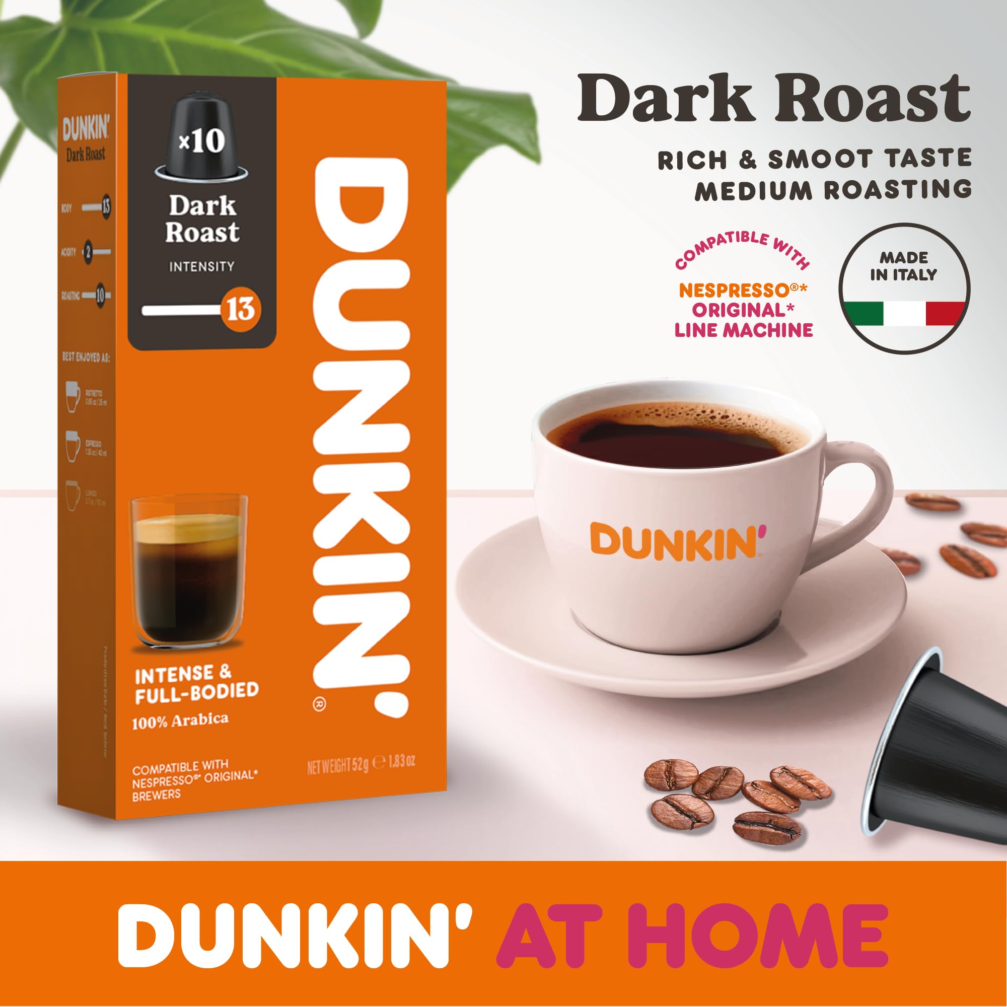 Dunkin’ Donuts Dark Roast – 100 kapsułek kawy kompatybilnych z Nespresso – 100% Arabica – Ciemne, mocne i pełne palenie – Klasyczne espresso do domu