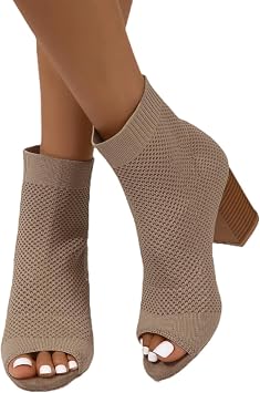 ZDLJYL Womens Knit Slingback Chunky Heel Ankle Boots Open Toe Booties Hollow Heeled Sandals Fashion Slip On Dress Sock Booties For Women