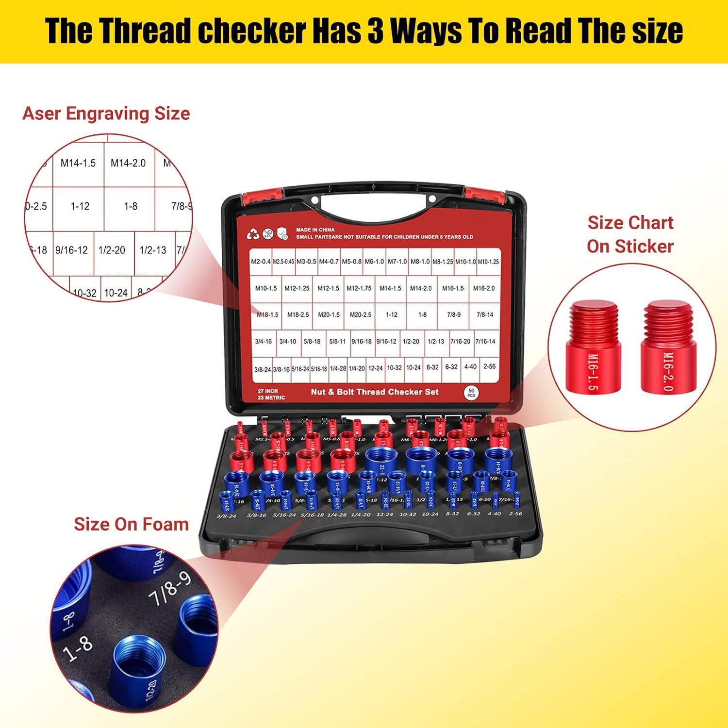 50Pcs Thread Checker, Detachable Nut and Bolt Thread Gauge Checker Set (27 SAE and 23 Metric), Bolt Size Finder with Case, for Quick Thread Checks on Tricky and Narrow Areas, for DIY Use Only