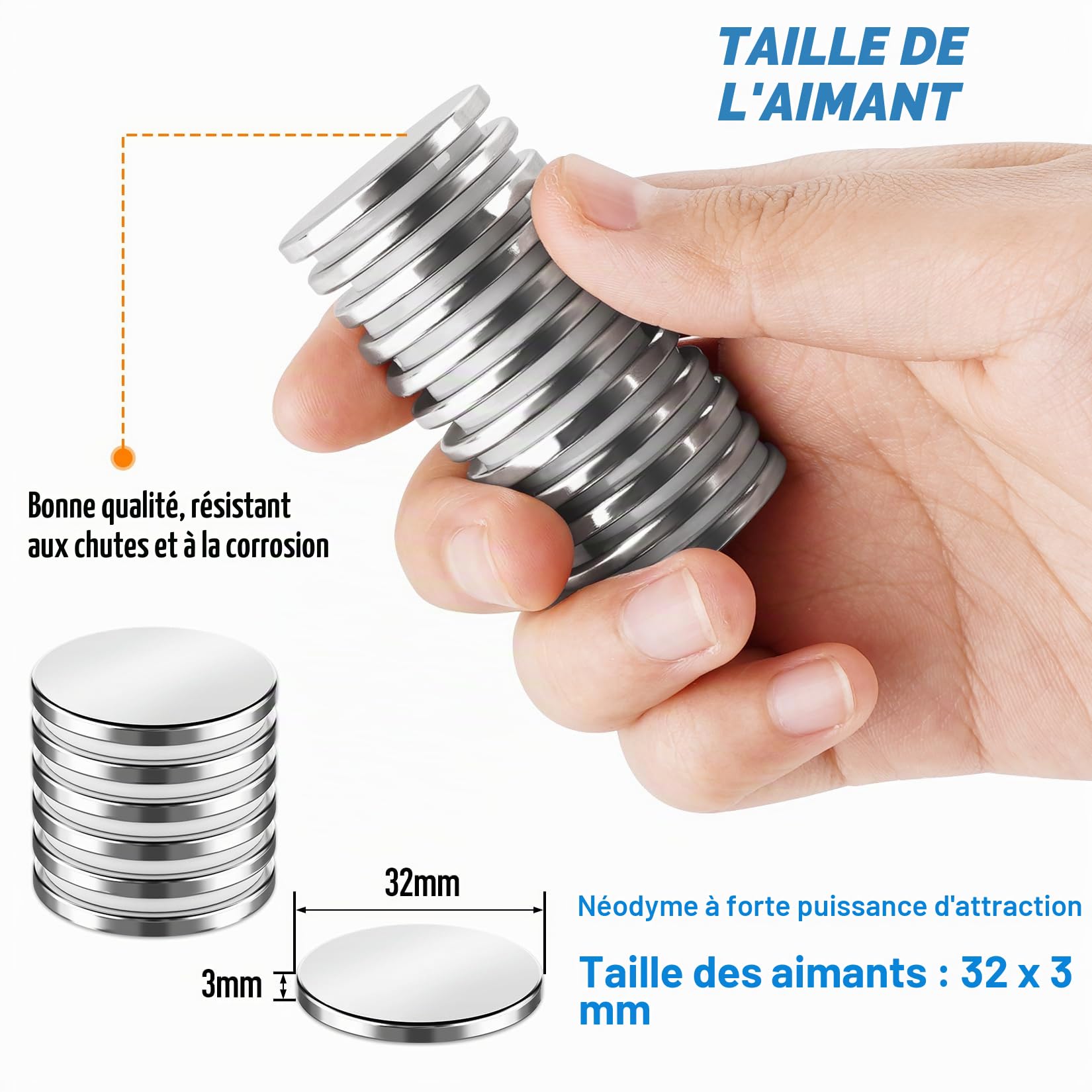 Lot de 8 aimants en néodyme extra puissants - 30 x 3 mm - 8 kg - Argenté - Aimants puissants pour tableau magnétique, tableau blanc, réfrigérateur, terre rare - Avec adhésif double face