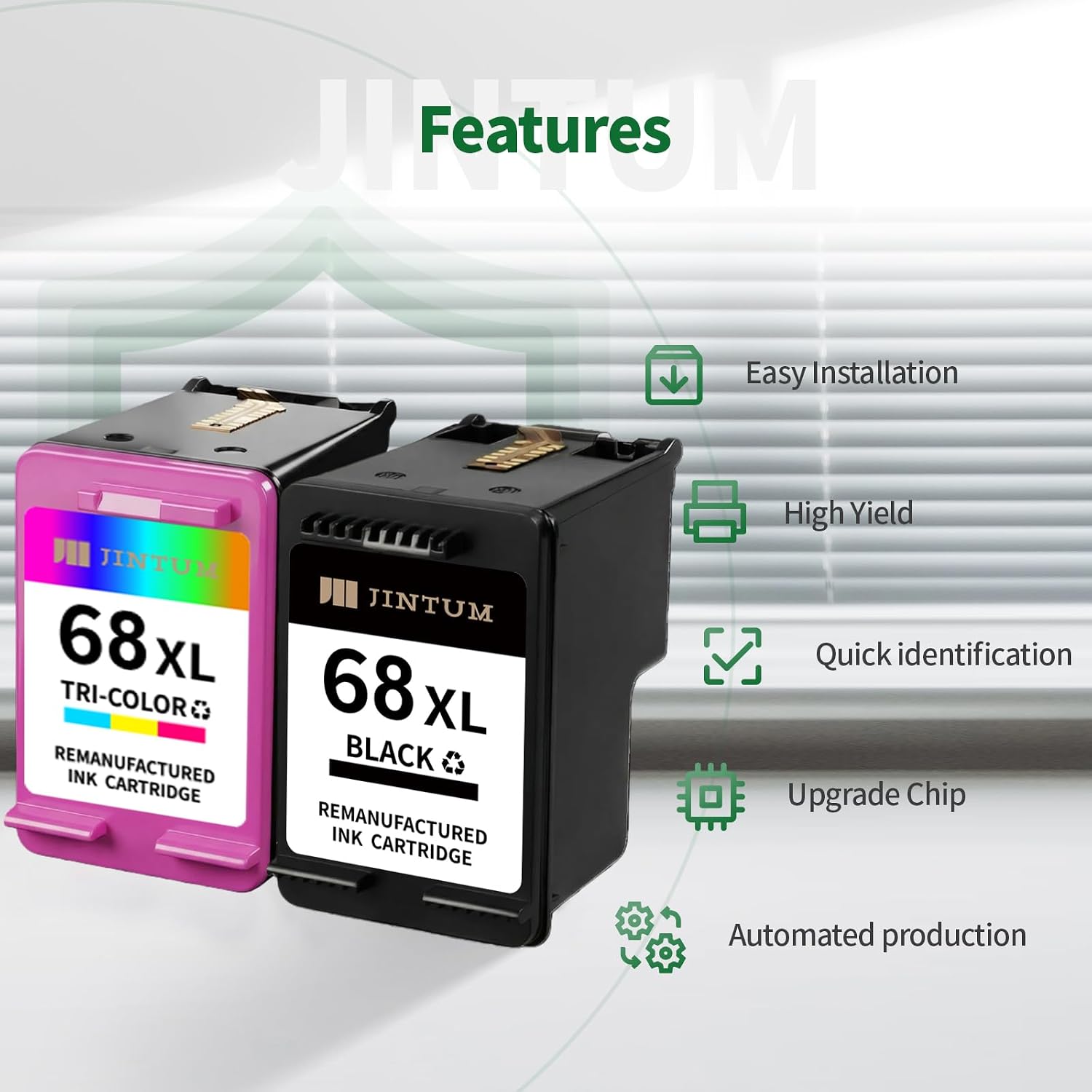 JINTUM 68XL 68 Ink Cartridge Compatible with HP 68 68XL 68e Ink Cartridges Black/Color Combo Pack Replacement for Envy 6155e 6100e 6152e 6500e 6552e 6555e 6558e Printer（1 Black 1 Tri-Color