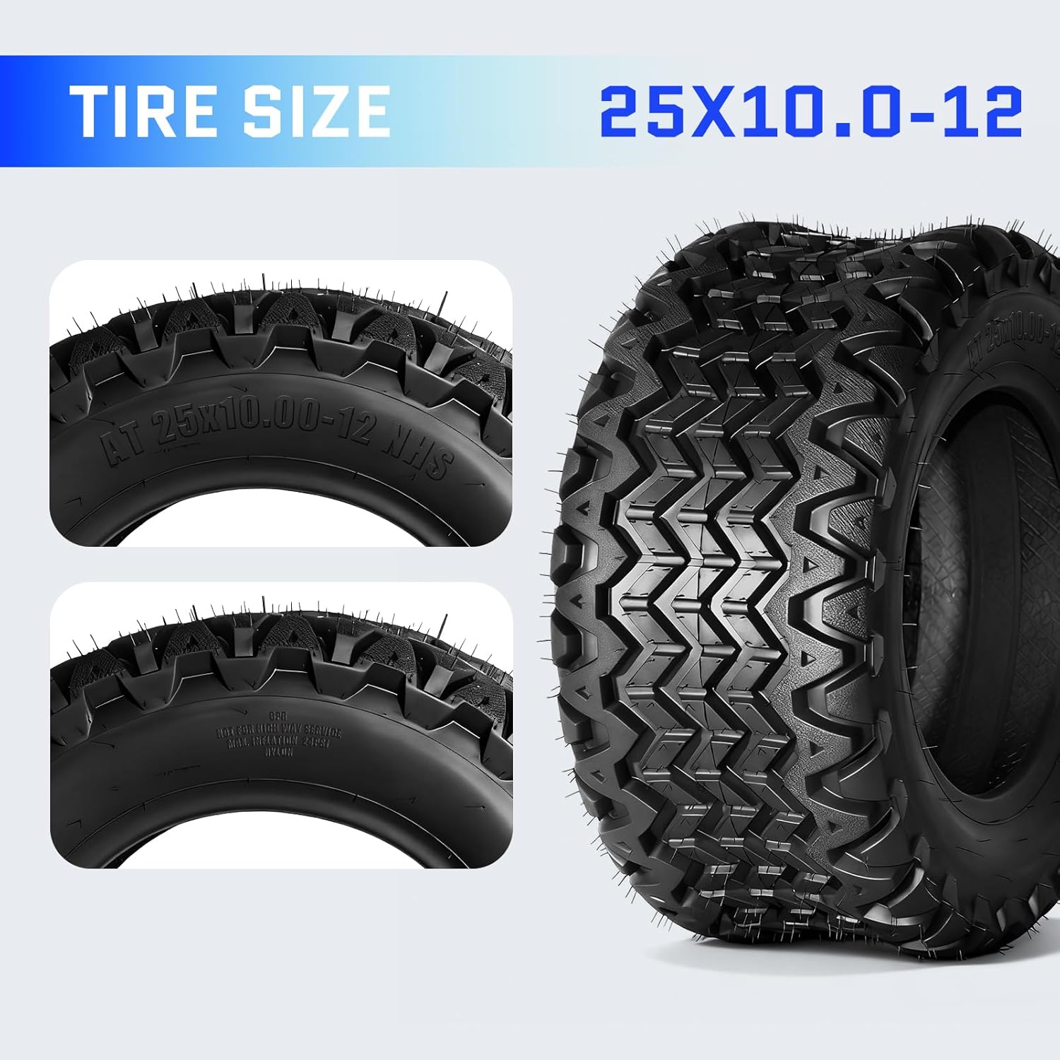 TRIBLE SIX Set of 2 25x10-12 ATV/UTV Tires, 25x10x12 Heavy Duty All-Terrain Tires, 6PR Tubeless, Non-Directional Tread for Mud, Trail, Sand