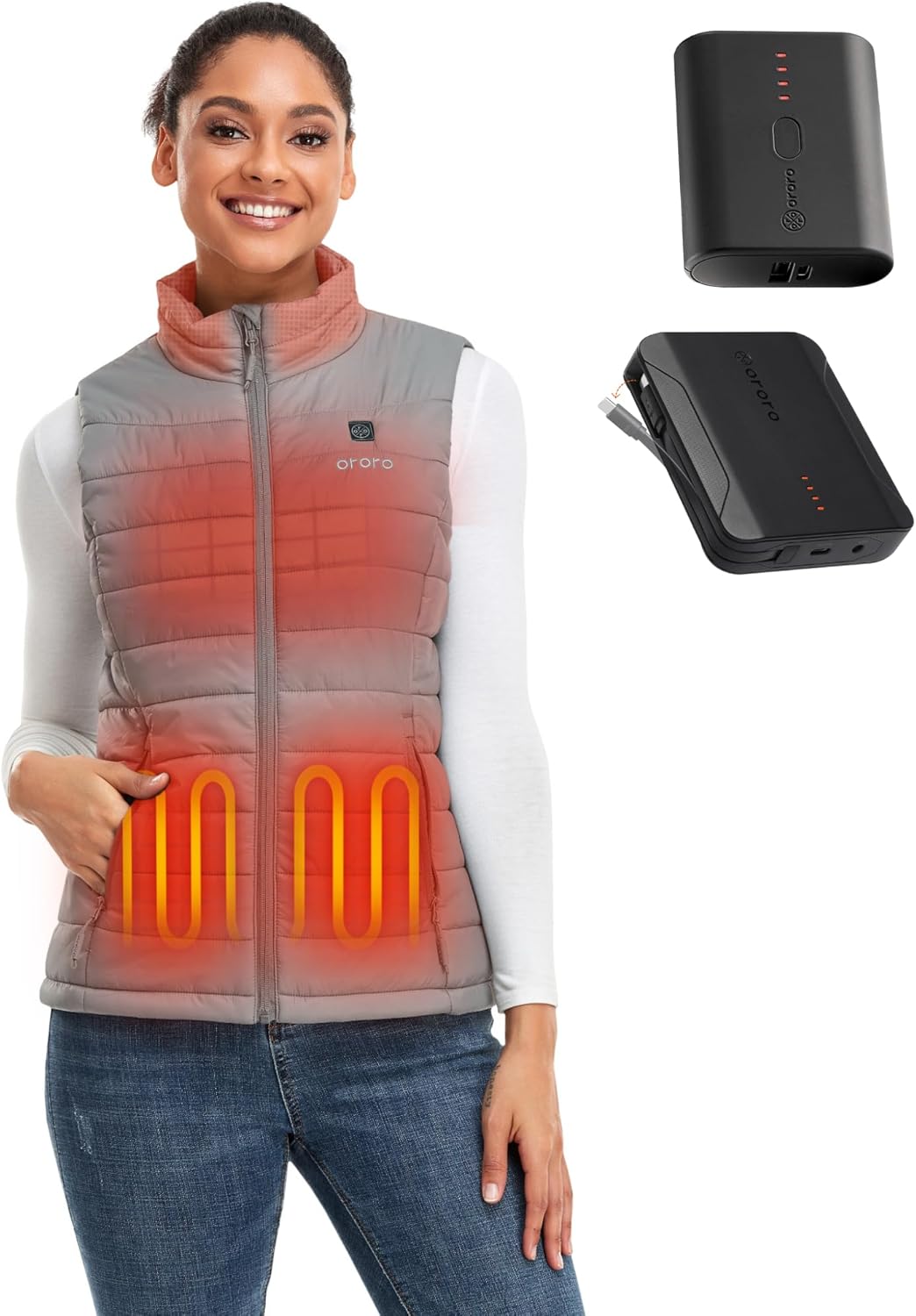 ORORO Women's Heated Vest (Grey, L) and Extended Runtime Battery