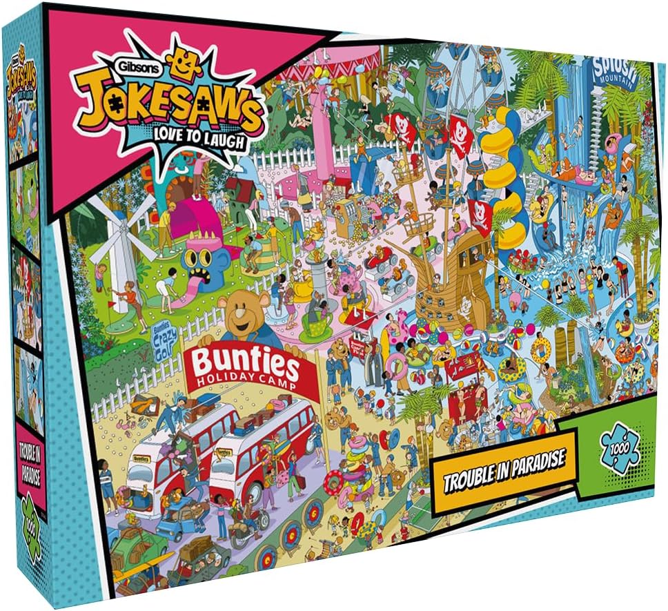 Gibsons Games Jokesaws Trouble in Paradise 1000 Piece Jigsaw Puzzle – Holiday Comedy Cartoon Scene – Sustainable Puzzle for Adults & Teens – Premium 100% Recycled Board