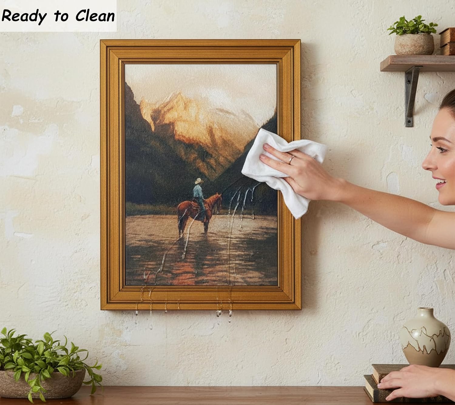 Vintage Gold Framed Western Cowboy Canvas Wall Art, Horse Rider Poster Print Artwork, Alpine Lake Landscape Painting Picture Wall Decor, for Living Room, Bedroom, Home Decoration, 12x16in