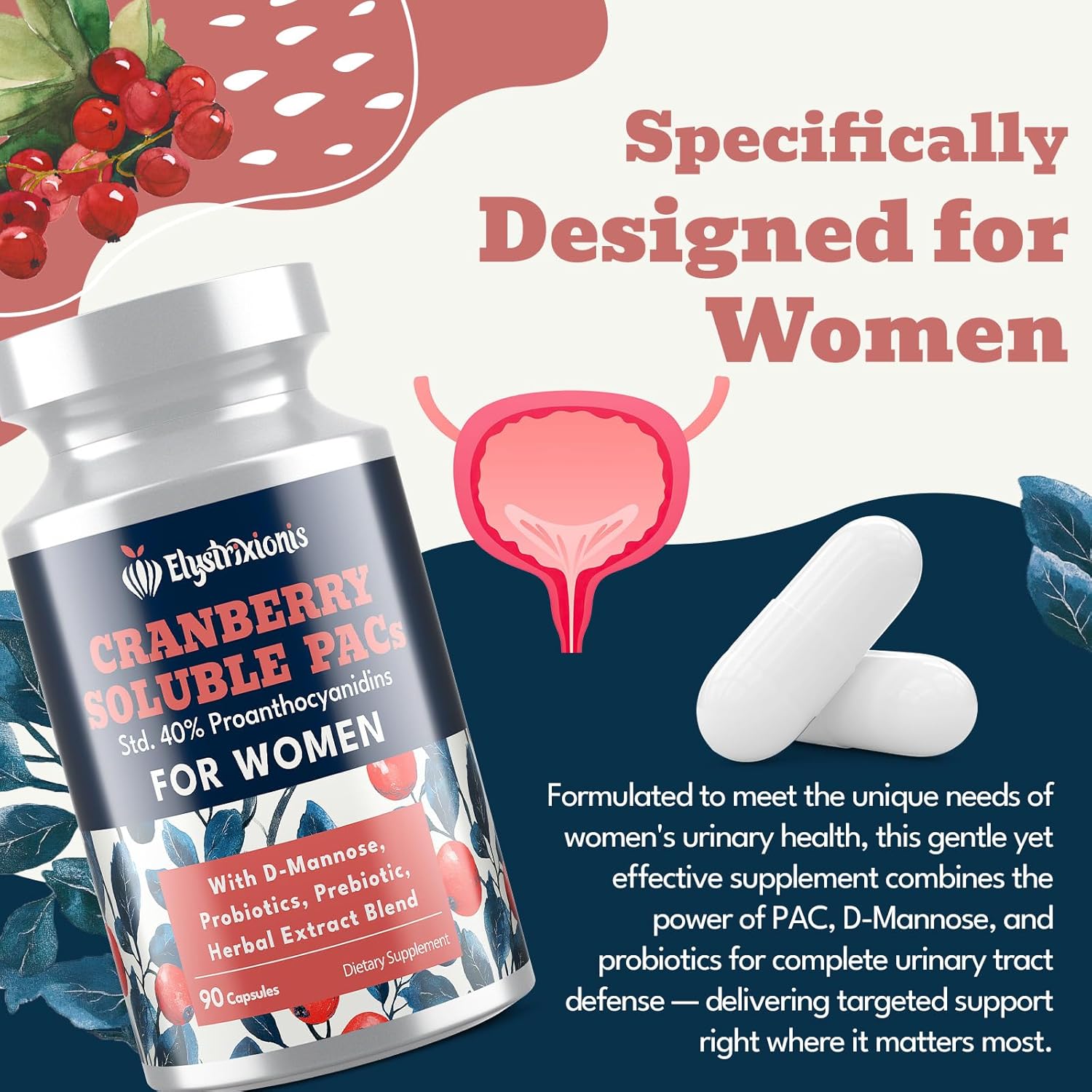 72mg PAC, Cranberry Pills for Women - Organic Cranberry Juice Extract Plus 1000mg D-Mannose, Supports Urinary Tract Health, Cranberry Supplement - 180 Capsules