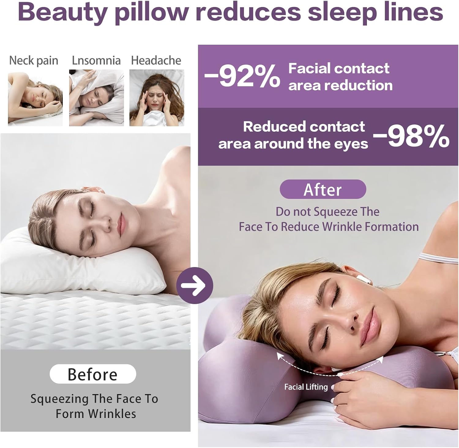 Side Sleeper Pillow for Anti Wrinkle, Purple