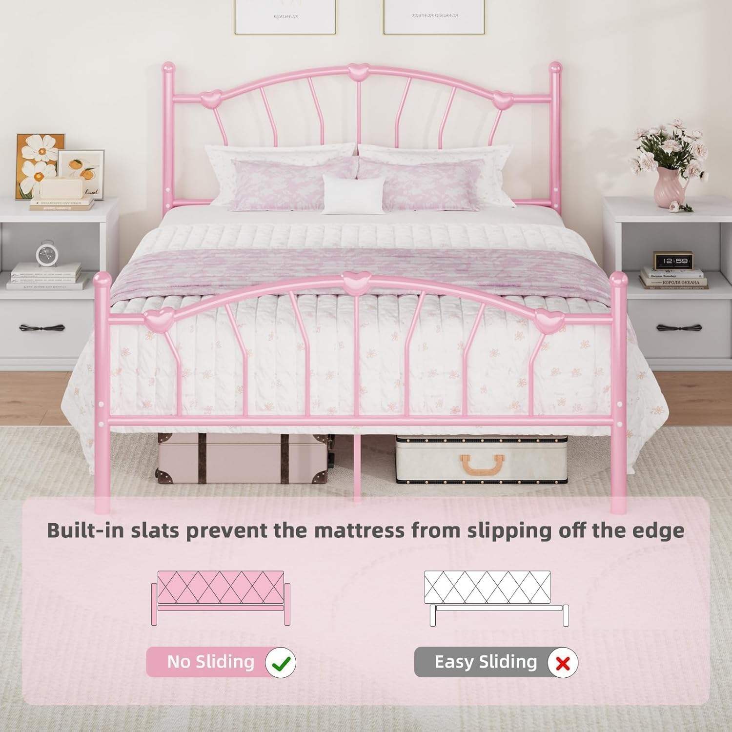 Twin Bed Frames, Bed Frame Twin with Headboard, Heart-Shaped Decorative Headboard and Footboard, Heavy Duty Metal Slat Support, No Box Spring Needed, Noise-Free, Pink