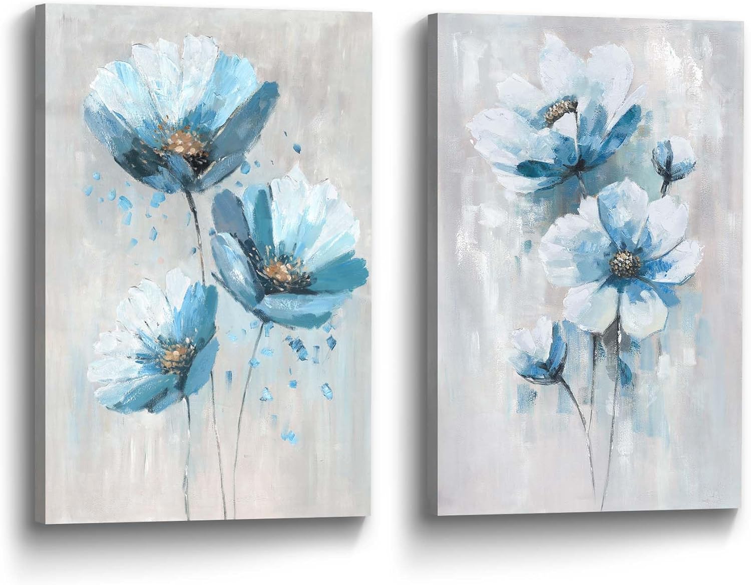 Flower Abstract Canvas Wall Art: 2 Pieces Teal Floral Prints Artwork Vintage Turquoise Bouquet Botanical Painting Picture for Bedroom Living Room Bathroom Home Office