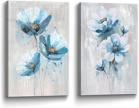 Flower Abstract Canvas Wall Art 2 Pieces Teal Floral Prints Artwork Vintage Turquoise Bouquet Botanical Painting Picture for Bedroom Living Room Bathroom Home Office