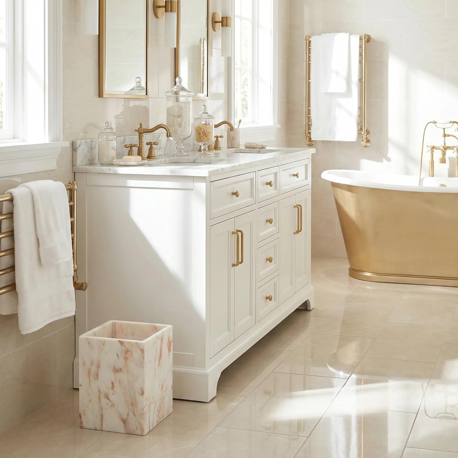 Small Marble Rectangular Trash Can, 1.9 Gallon/7.2 Liter Garbage Bin, Decorative White Gold Marble Wastebasket Mini, Tiny Waste Basket for Bathroom, Bedroom, Home Office, Laundry Room, Kitchen