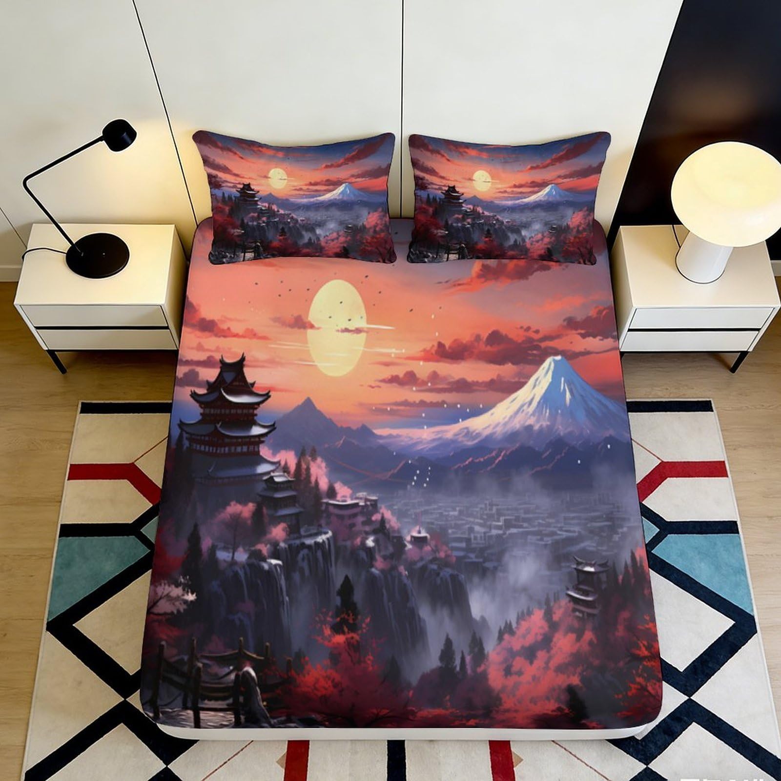 3D Printed Japanese Sunset Landscape Fitted Sheet Microfiber Soft Mountain Pagoda Bed Cover for Bedroom Guest Room Decor 90x200x25cm